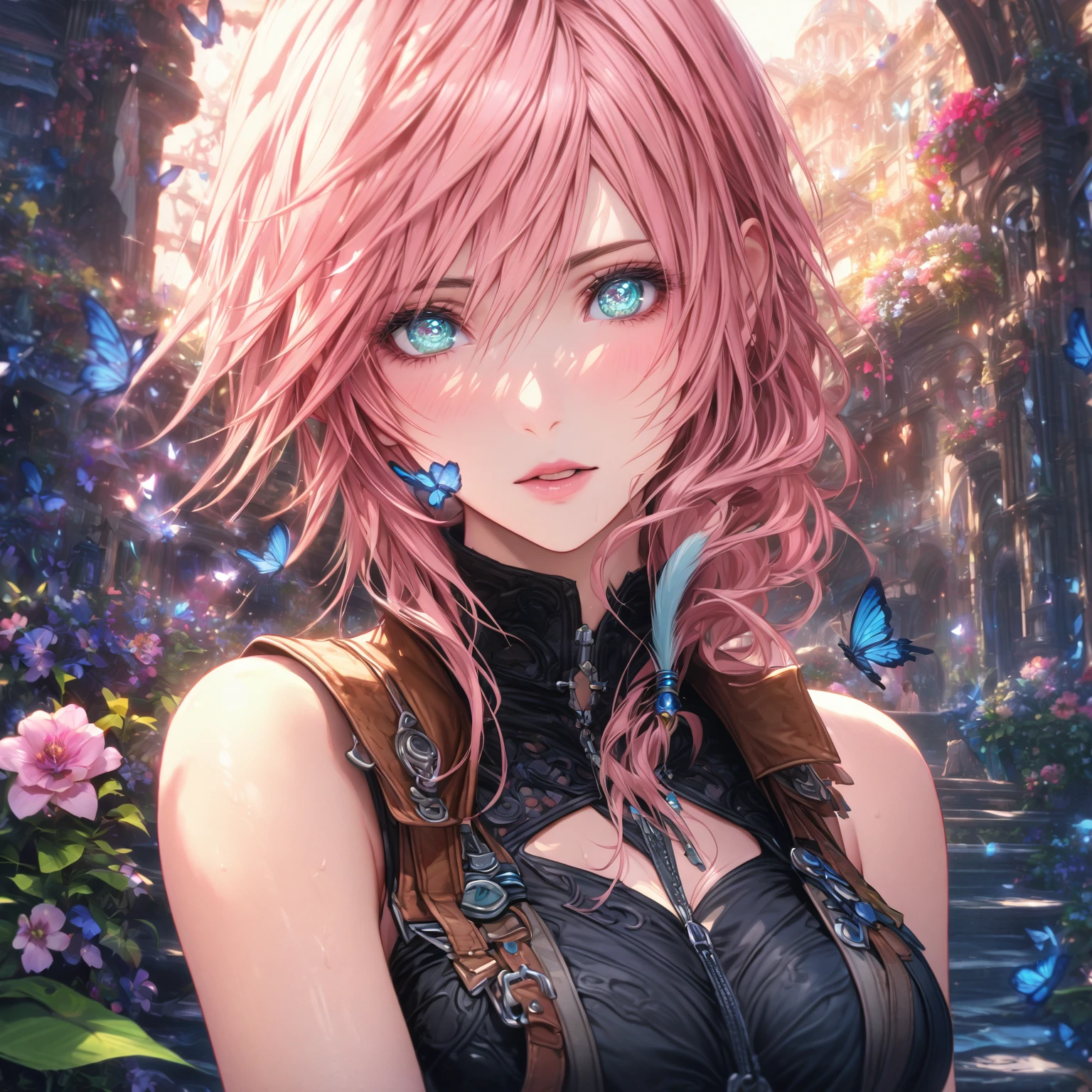 absurdres, highres, ultra detailed, HDR, master piece, Claire Farron, wavy pink hair, expressive light aqua eyes, woman holding a feather, best quality, Final Fantasy XIII, solo, sensual, extremely beautiful, feathers, black dress, detailed face, glittering eyes, detailed eyes, garden, accessories, blue butterflies, flowers, Lightning Farron, sensual