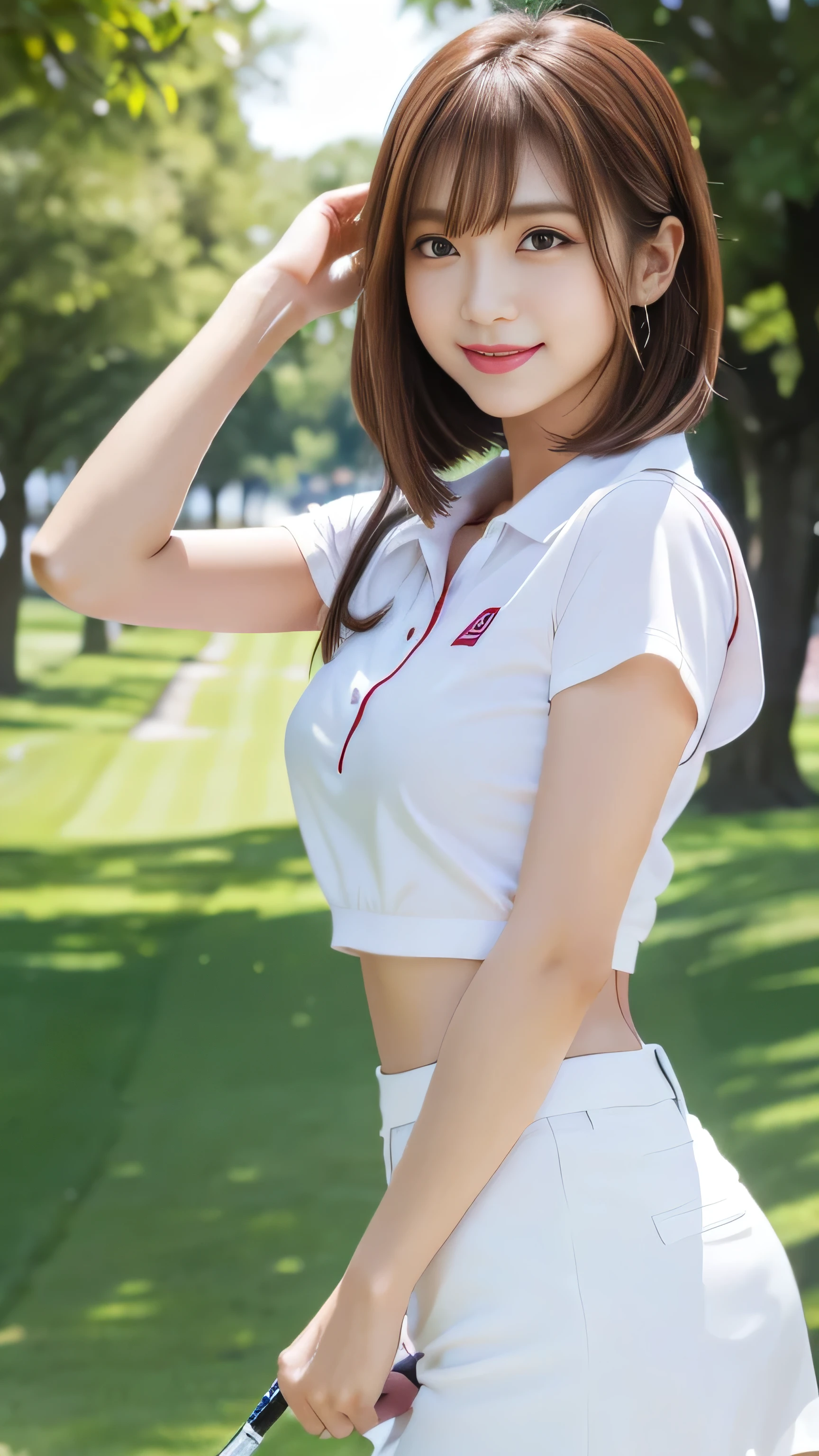 Please redeem、8K wallpaper、reality:1.4、Photographed in natural light、View your audience、background:Golf Course、One beautiful girl、japanese idol、2、Beautifully detailed eyes、Detailed face、Beautiful Skin、slender、Slim waist、Thin legs、Red lipstick、Glamorous hairstyle:1.8、Random hair color、Light Hair、Asymmetrical bangs、golfer 、smile:1.5、Seductive pose