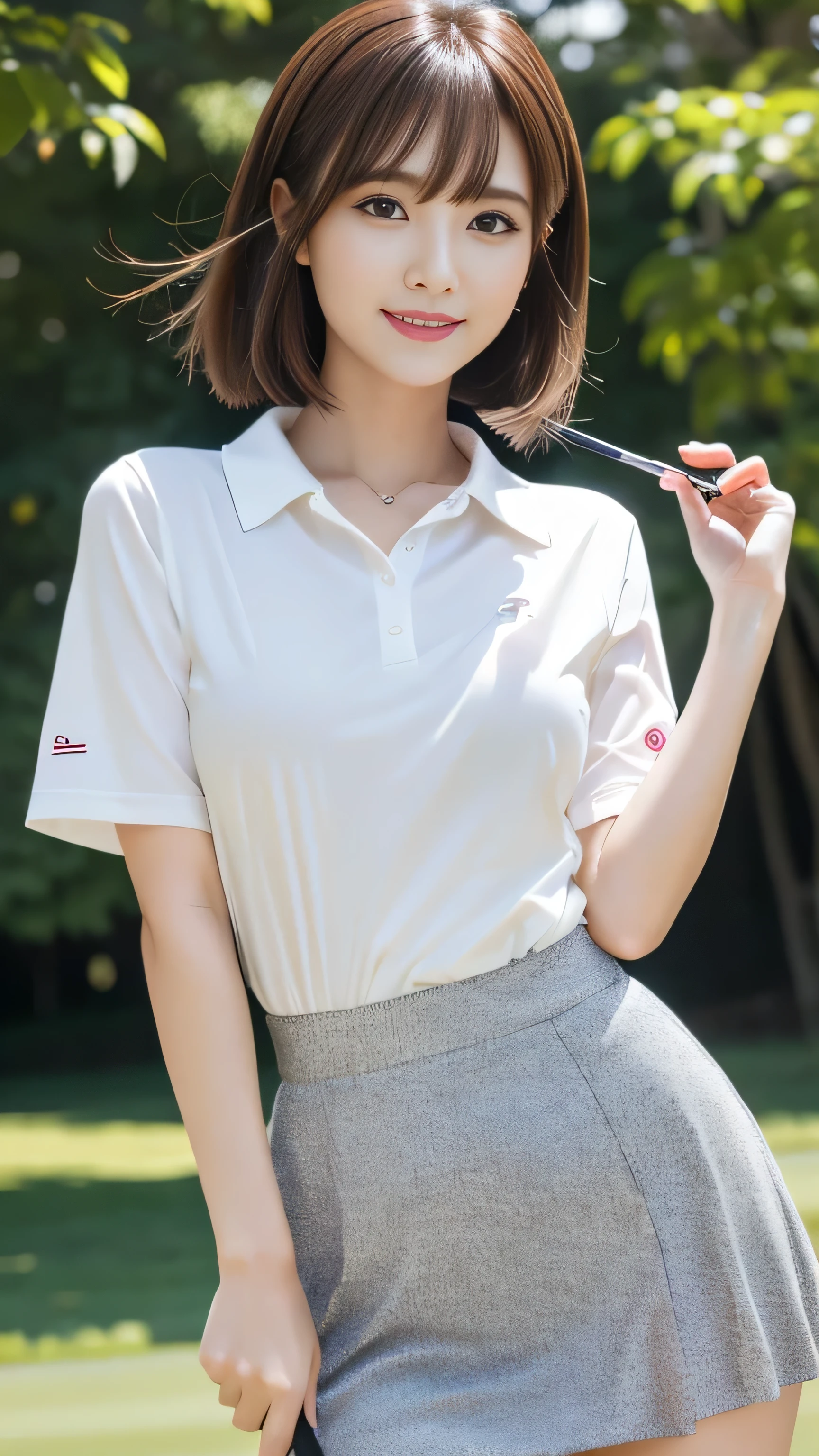 Please redeem、8K wallpaper、reality:1.4、Photographed in natural light、View your audience、background:Golf Course、One beautiful girl、japanese idol、2、Beautifully detailed eyes、Detailed face、Beautiful Skin、slender、Slim waist、Thin legs、Red lipstick、Glamorous hairstyle:1.8、Random hair color、Light Hair、Asymmetrical bangs、golfer 、smile:1.5、Seductive pose