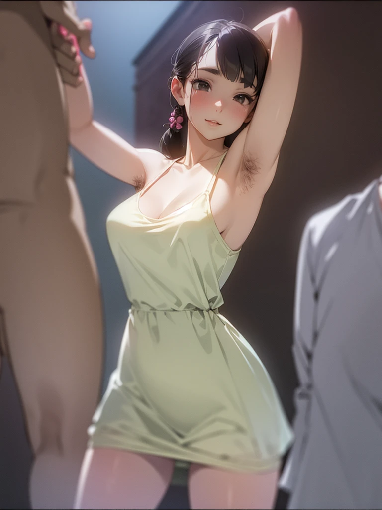 attractive korean woman, ripped muscle, muscular body, small , pale skin, smile(blush), nude, band, thin necklace, sixpack abs, [ultra detailed skin:1.2], brown hair, wavy hair, 8k uhd, pussy, fuly, stand, crowd, public, night,
