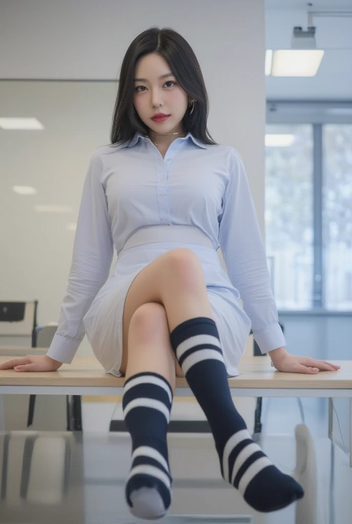 A 18yo woman wearing a white shirt and black and white striped socks sits on a desk in an office, smiling at the camera. The composition is panoramic and half-body, presenting a sexy atmosphere and containing Japanese office culture., mist,fog, Soft lighting blended with shimmering light, gentle and glowing, casting subtle reflections across the scene.