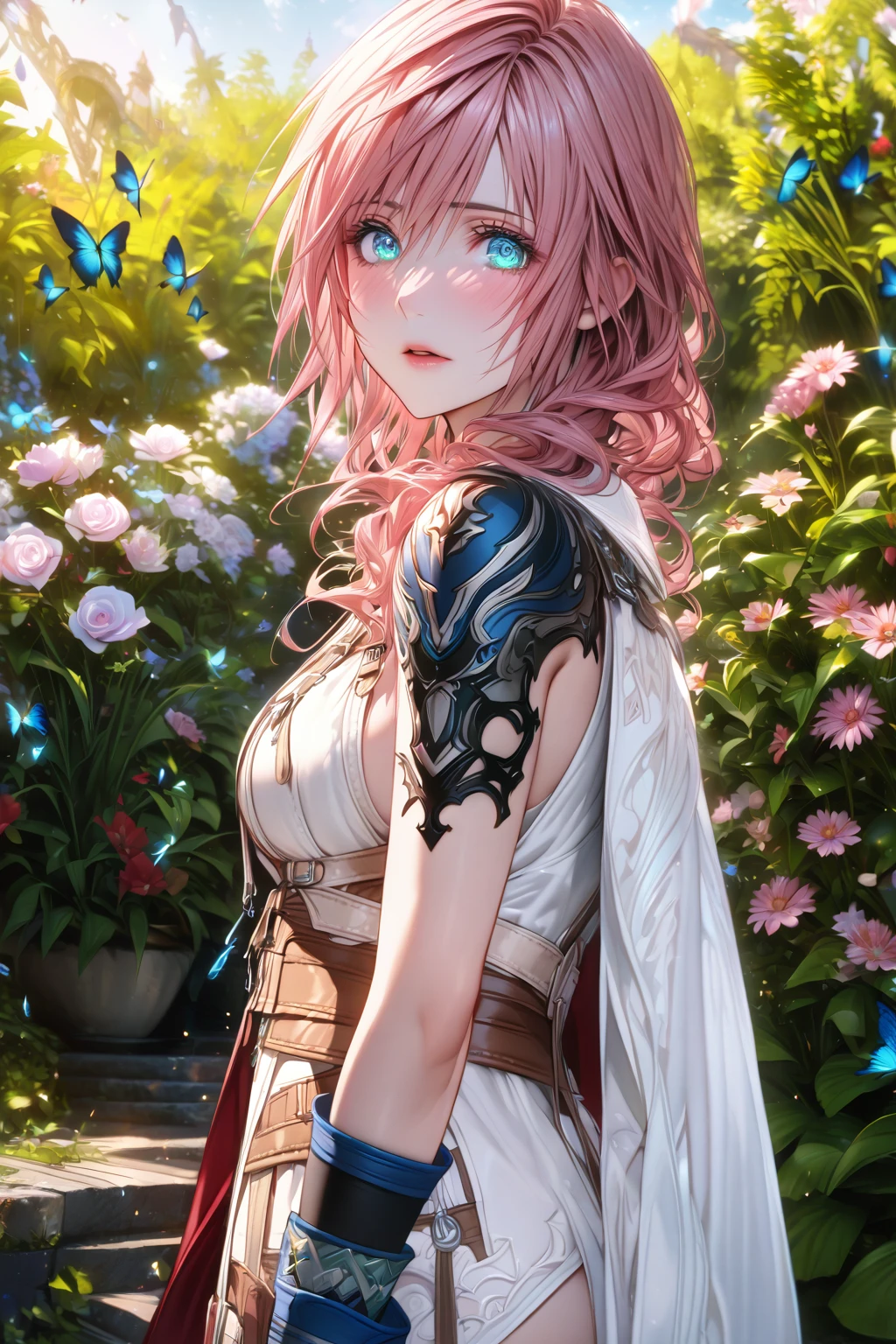 absurdres, highres, ultra detailed, HDR, master piece, Claire Farron, wavy pink hair, expressive light aqua eyes, woman, best quality, Final Fantasy XIII, solo, sensual, extremely beautiful, feathers, white clothes, detailed face, glittering eyes, detailed eyes, garden, accessories, blue butterflies, flowers, Lightning Farron, red cape