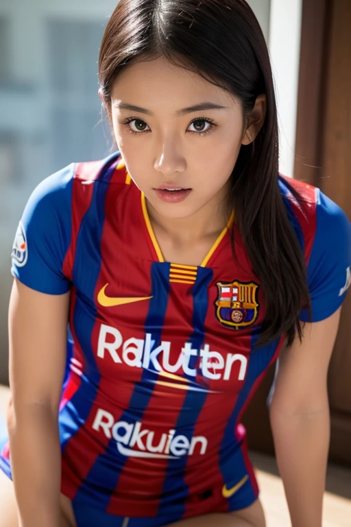 Asia woman , wearing a barcelona fc away kit jersey Red and blue , nude , tight ,oily Spreading pussy , getting fuck , sexy hot face