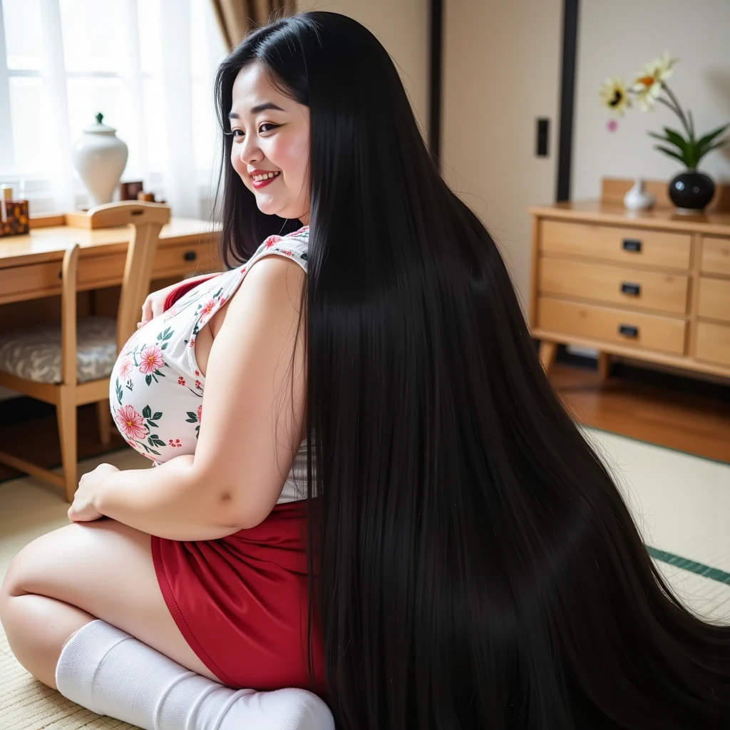 8k,Highest quality, masterpiece, Ultra-high resolution,(masterpiece:1.6, Highest quality), Intricate details, Middle-aged woman in her 50s,Japanese, alone, full body, from behind,((dynamic pose:1.4)),((Absurdly Long hair:1.5)),top of head,(jet Black Hair), (forehead:1.5), (Extremely obese:1.3), (Fat face:1.3), (round face:1.2), (Saggy face:1.2), crow's feet wrinkies, (Relaxed body), (((Super huge breasts:1.8))), (((super Saggy breasts:1.8))), ((Cleavage:1.6)), ((Abnormally long, beautiful black hair that reaches down to her heels:1.5)), ((Her excessively long black hair reaches the ground:1.5)), ((pale skin, shiny skin,Smiling happily,heavy makeup, pink cheek, red lips, thick lips:1.1)),((熟女がfutonの上に伏せている:1.5)),((熟女の途方もなく長い艶やかな黒髪がのfutonの上を覆い尽くしている:1.5)),((White floral sleeveless top,Red mini skirt,White socks:1.2)),((Bright Japanese-style room during the day,futon,Dressing table,,Wooden comb,Tortoiseshell hair clip:1.2)),((nsfw:1.3))