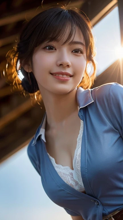 (Highest quality,masterpiece:1.3,Ultra-high resolution),(Very detailed,Caustics,8K),(Realistic:1.4,RAW shooting),1 Girl,(Smiling and looking down at the camera),(Front shot:1.1),(look forward to),18-year-old,cute,Japanese,Black short ponytail,,glamorous,(big ),( close),(Chest Focus),street,sunlight,Natural light,(Backlight),(A bright light shines from behind),(Lens flare),Professional Writing,(Cowboy Shot),(Low position:1.3),(Low Angle:1.3)