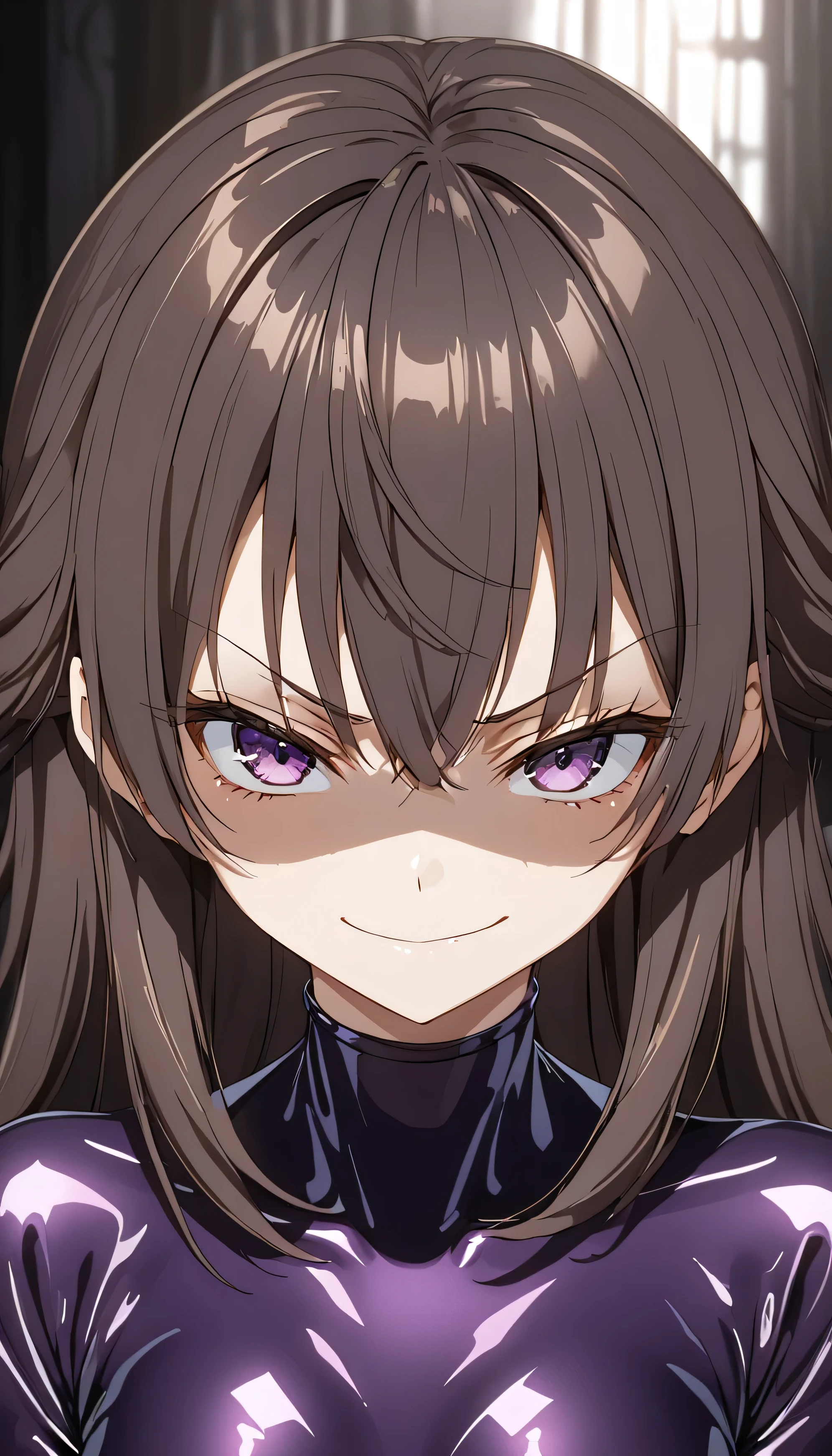 Detailed work, best quality, 4K clarity, shaded face(eys in shadow), Anime, background, , จากซีรีย์ Alya Sometimes Hides Her Feelings in Russian, Suou Yuki, long brown hair, purple eyes, ตาแบบAnime, small breasts,shiny latex, , ,,very evil smirk,face up,