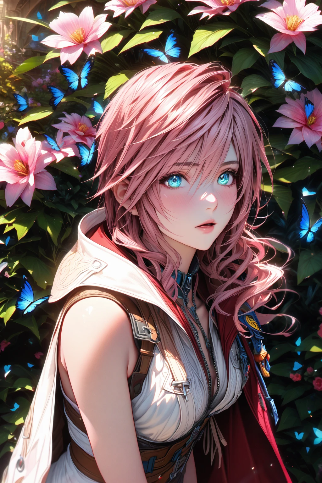 absurdres, highres, ultra detailed, HDR, master piece, Claire Farron, wavy pink hair, expressive light aqua eyes, woman, best quality, Final Fantasy XIII, solo, sensual, extremely beautiful, feathers, white clothes, detailed face, glittering eyes, detailed eyes, garden, accessories, blue butterflies, flowers, Lightning Farron, red cape