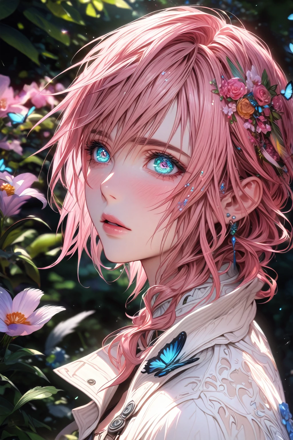 absurdres, highres, ultra detailed, HDR, master piece, Claire Farron, wavy pink hair, expressive light aqua eyes, woman, best quality, Final Fantasy XIII, solo, sensual, extremely beautiful, feathers, white dress, detailed face, glittering eyes, detailed eyes, garden, accessories, blue butterflies, flowers, Lightning Farron