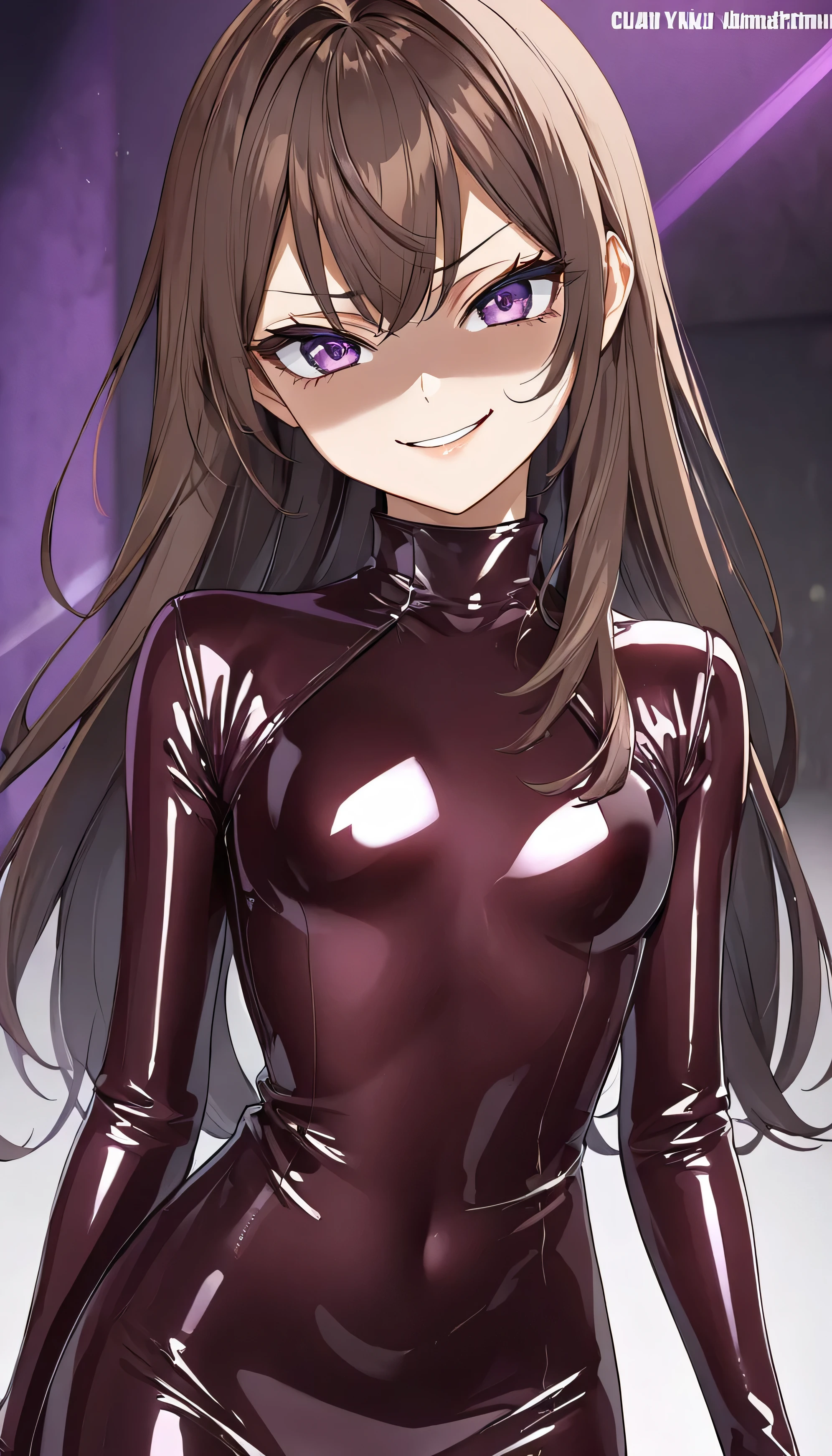 Detailed work, best quality, 4K clarity, shaded face(eys in shadow), Anime, background, , จากซีรีย์ Alya Sometimes Hides Her Feelings in Russian, Suou Yuki, long brown hair, purple eyes, ตาแบบAnime, small breasts,shiny latex, , ,,very evil smirk,face up,