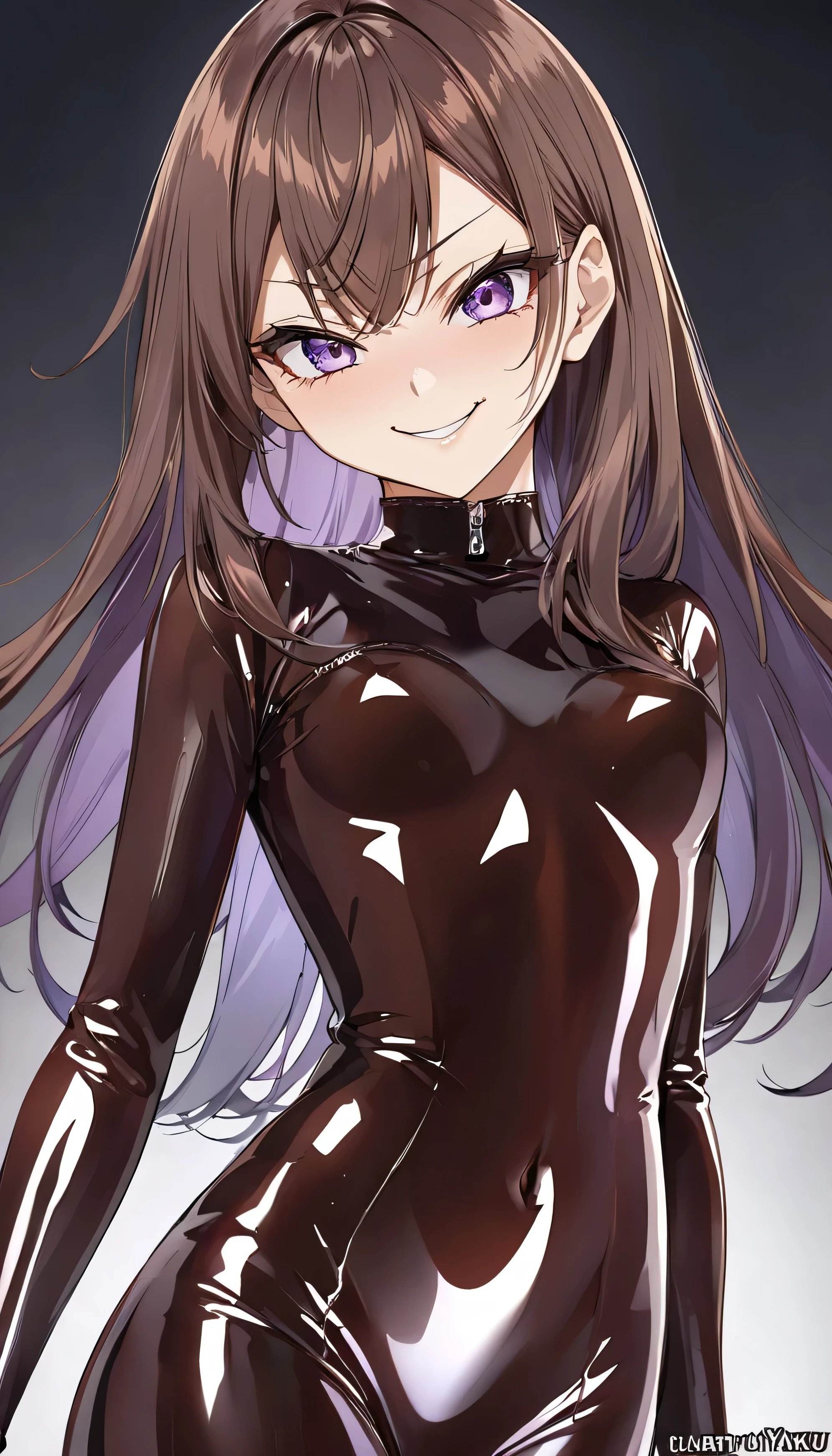 Detailed work, best quality, 4K clarity, shaded face(eys in shadow), Anime, background, , จากซีรีย์ Alya Sometimes Hides Her Feelings in Russian, Suou Yuki, long brown hair, purple eyes, ตาแบบAnime, small breasts,shiny latex, , ,,very evil smirk,face up,