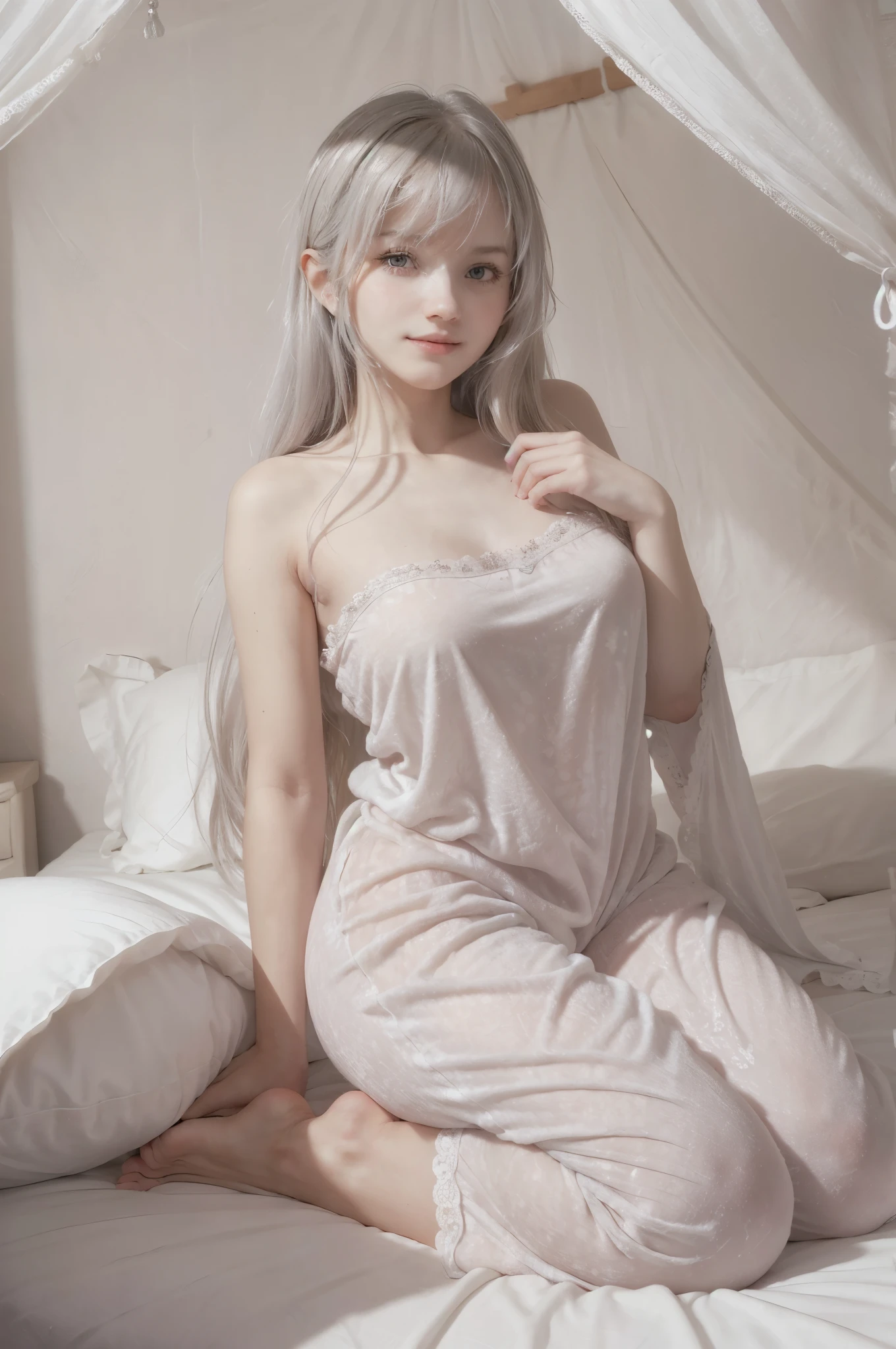 Heroine lying on bed holding phone in lingerie, smiling, white blonde hair color, charming high-quality clothing, blue and white lace clothing, wearing cool, delicate facial features, open belly button, Chinese Zhejiang goddess, seductive girl