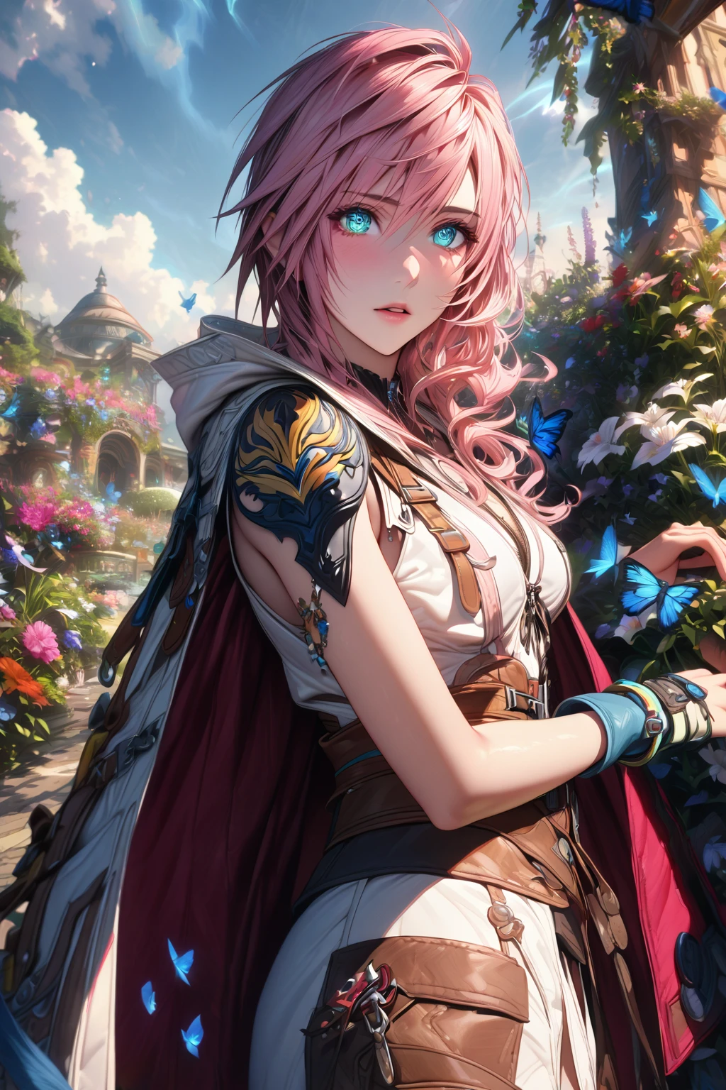 absurdres, highres, ultra detailed, HDR, master piece, Claire Farron, wavy pink hair, expressive light aqua eyes, woman, best quality, Final Fantasy XIII, solo, sensual, extremely beautiful, feathers, white clothes, detailed face, glittering eyes, detailed eyes, garden, accessories, blue butterflies, flowers, Lightning Farron