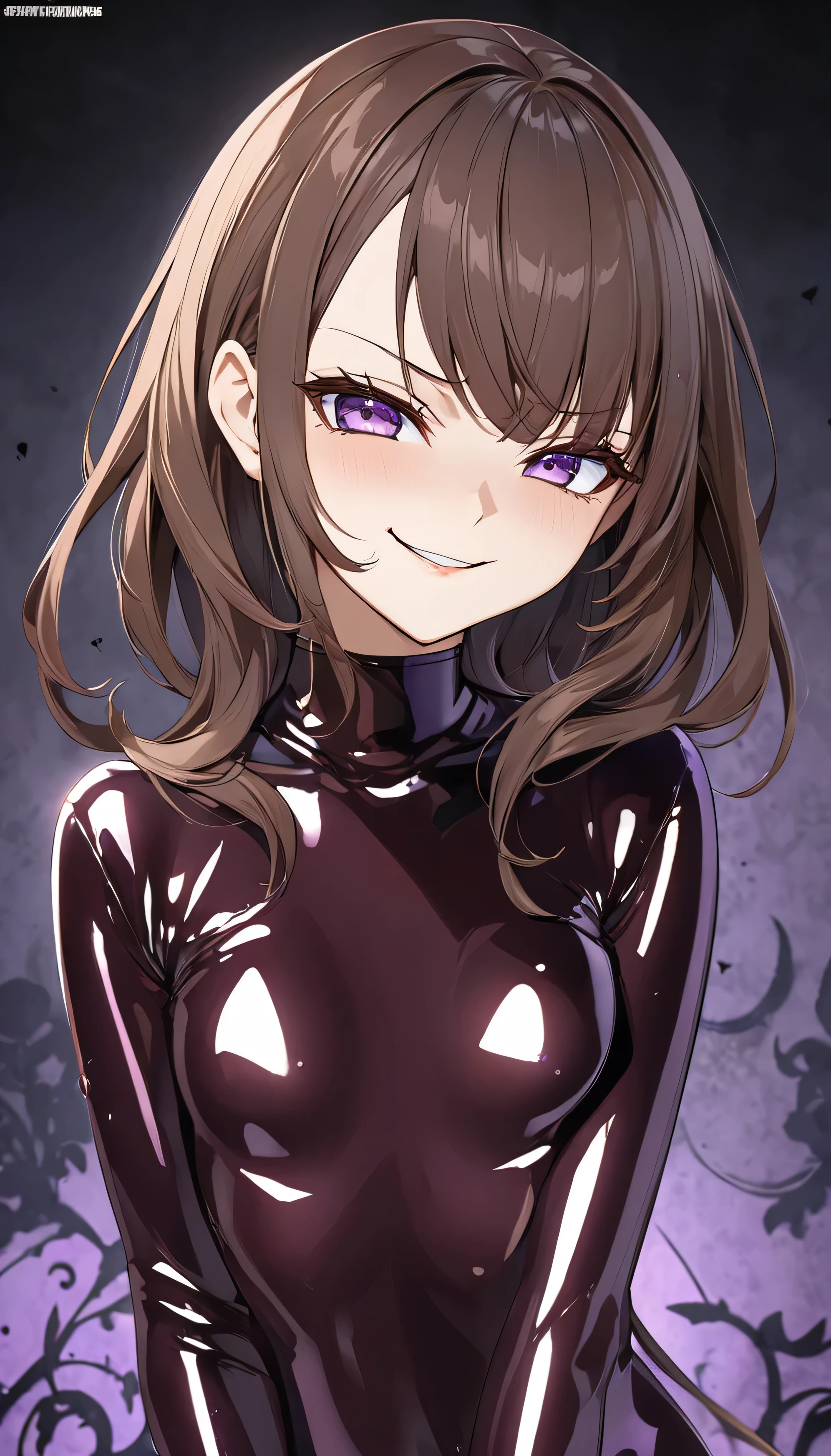 Detailed work, best quality, 4K clarity, shaded face(eys in shadow), Anime, background, , จากซีรีย์ Alya Sometimes Hides Her Feelings in Russian, Suou Yuki, long brown hair, purple eyes, ตาแบบAnime, small breasts,shiny latex, , ,,very evil smirk,face up,