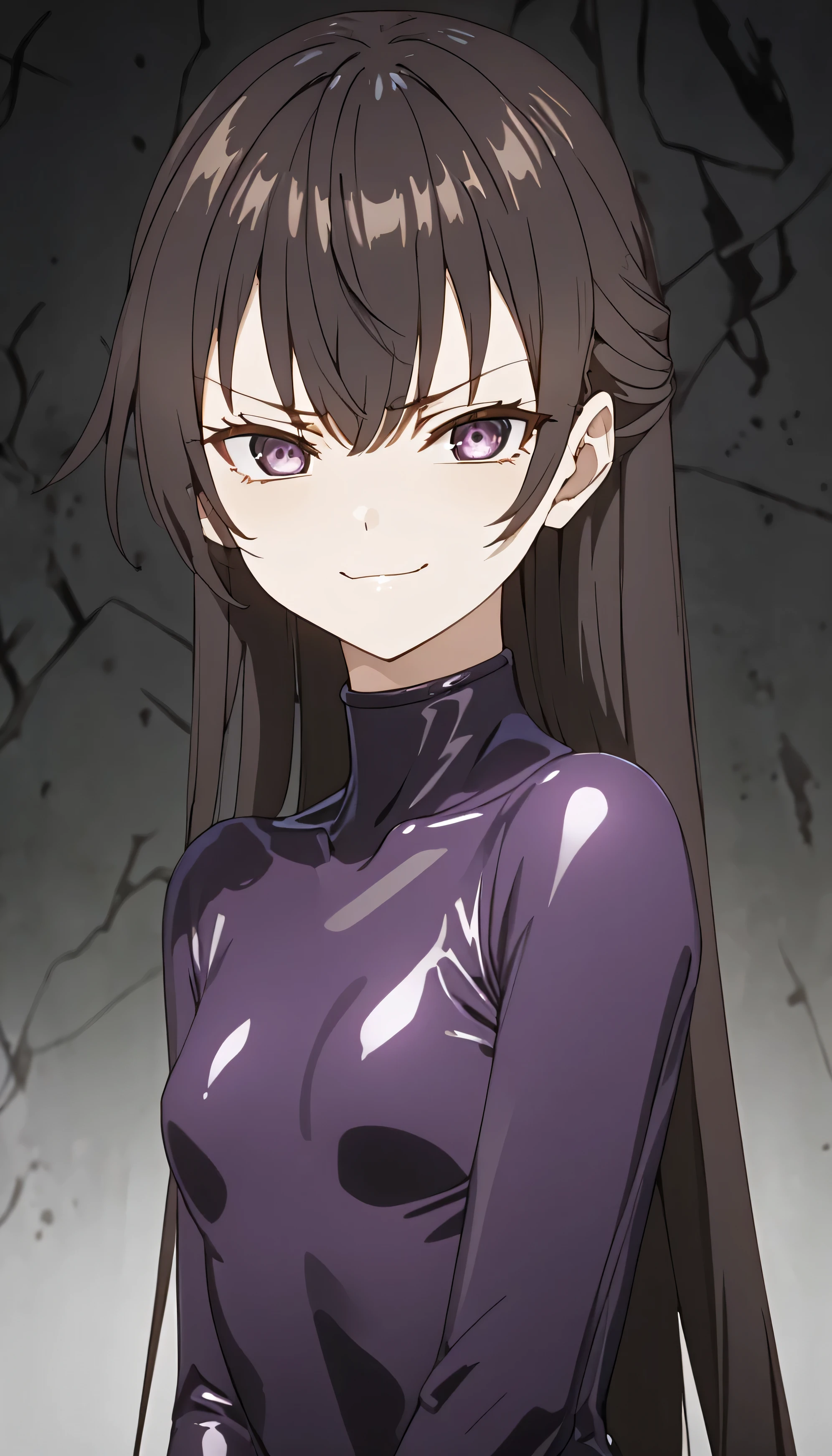 Detailed work, best quality, 4K clarity, shaded face(eys in shadow), Anime, background, , จากซีรีย์ Alya Sometimes Hides Her Feelings in Russian, Suou Yuki, long brown hair, purple eyes, ตาแบบAnime, small breasts,shiny latex, , ,,very evil smirk,face up,