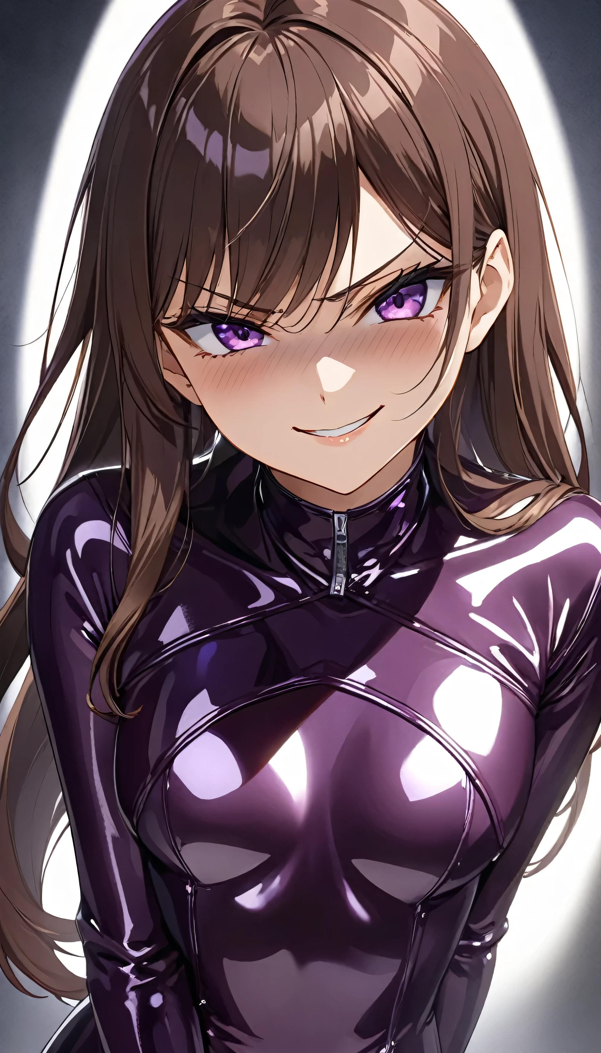 Detailed work, best quality, 4K clarity, shaded face(eys in shadow), Anime, background, , จากซีรีย์ Alya Sometimes Hides Her Feelings in Russian, Suou Yuki, long brown hair, purple eyes, ตาแบบAnime, small breasts,shiny latex, , ,,very evil smirk,face up,