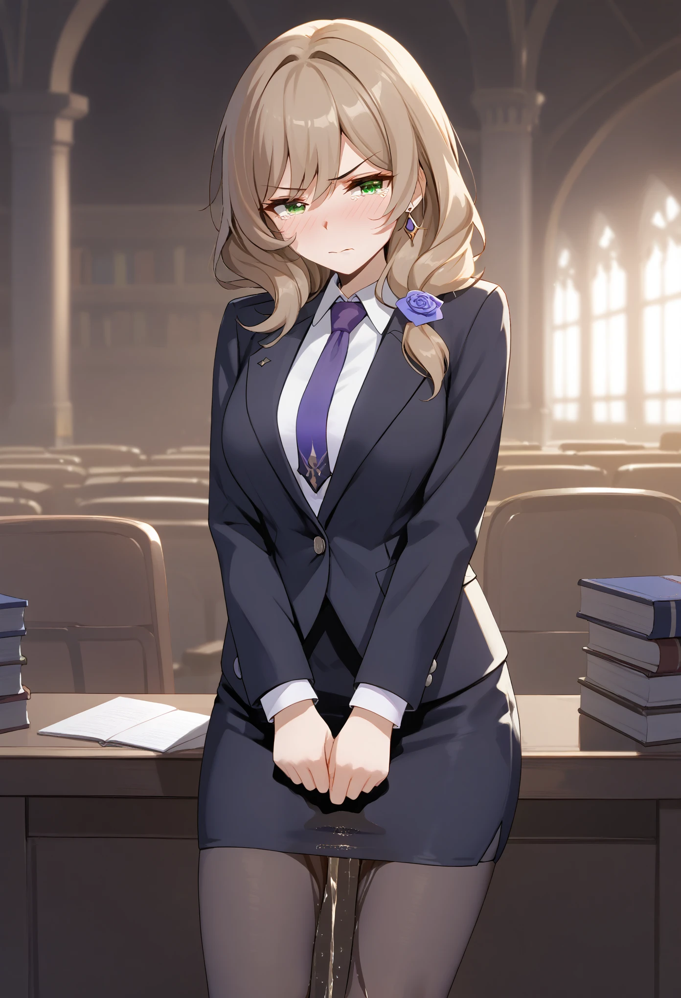 (\li sha\), 1girl, breasts, lisa \(genshin impact\), green eyes, solo, brown hair, business, suit, necktie, pencil skirt, pantyhose, earrings, long hair, bangs, hair ornament, extremely detailed eyes and face, detailed facial features, (wetting self:2.0), (facing viewer:1.5), embarrassed, humiliation, (blushing:1.5), (angry:1.5), tears, (standing straight:1.5), tears, (best quality,4k,8k,highres,masterpiece:1.2),ultra-detailed, portrait, cinematic lighting, dramatic contrast, full body