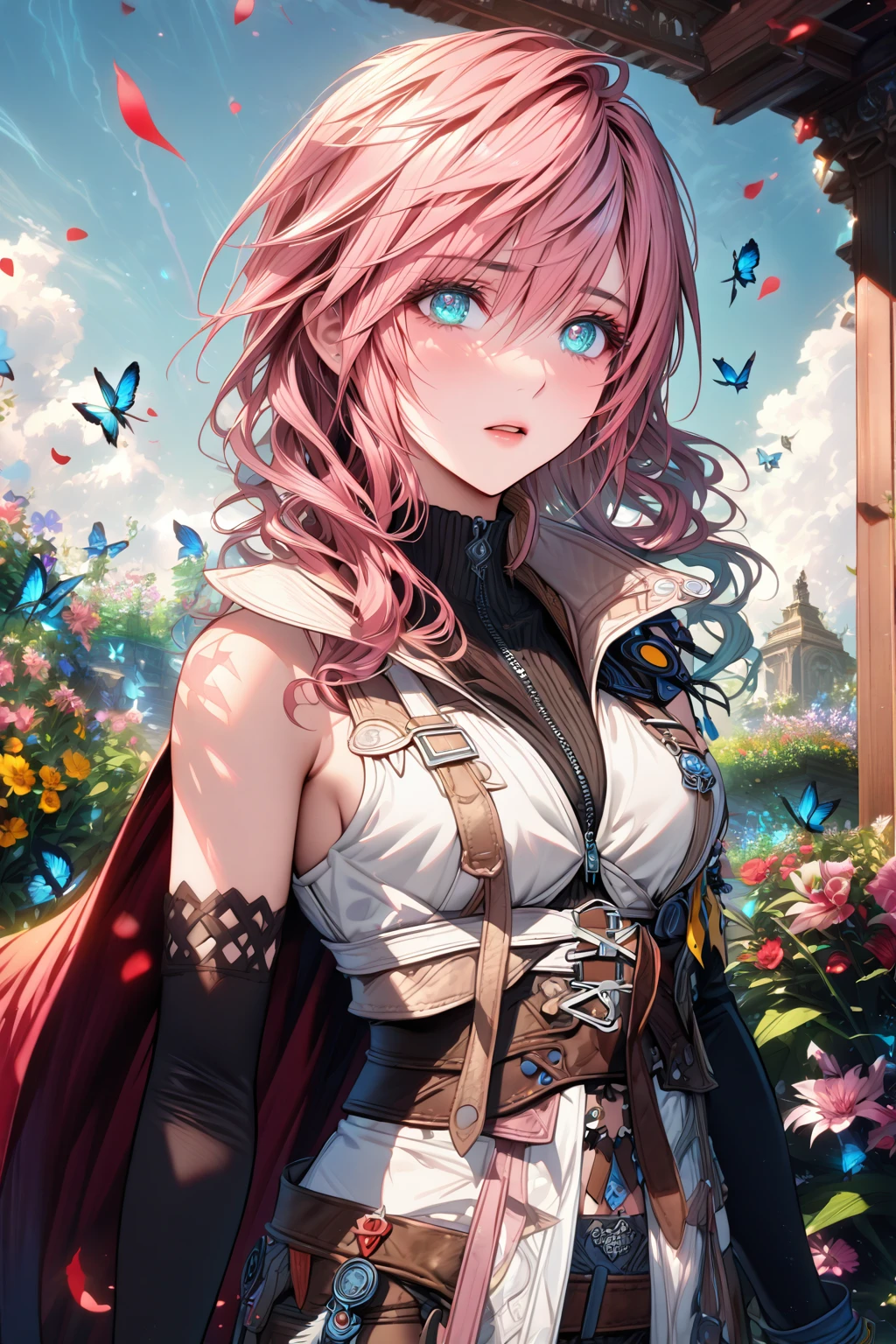 absurdres, highres, ultra detailed, HDR, master piece, Claire Farron, wavy pink hair, expressive light aqua eyes, woman, best quality, Final Fantasy XIII, solo, sensual, extremely beautiful, feathers, white clothes, detailed face, glittering eyes, detailed eyes, garden, accessories, blue butterflies, flowers, Lightning Farron, red cape