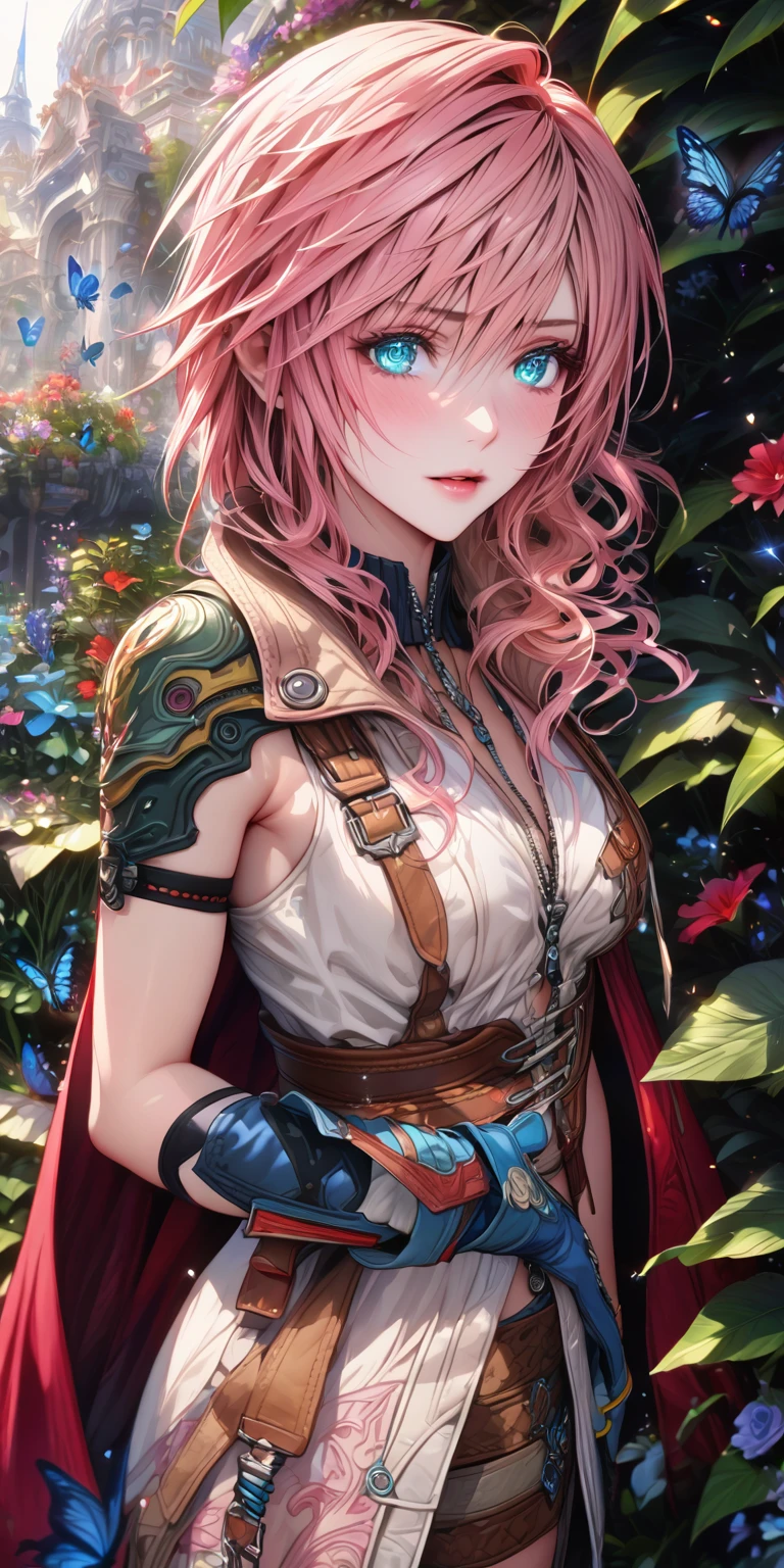 absurdres, highres, ultra detailed, HDR, master piece, Claire Farron, wavy pink hair, expressive light aqua eyes, woman, best quality, Final Fantasy XIII, solo, sensual, extremely beautiful, feathers, white clothes, detailed face, glittering eyes, detailed eyes, garden, accessories, blue butterflies, flowers, Lightning Farron, red cape, blue gloves