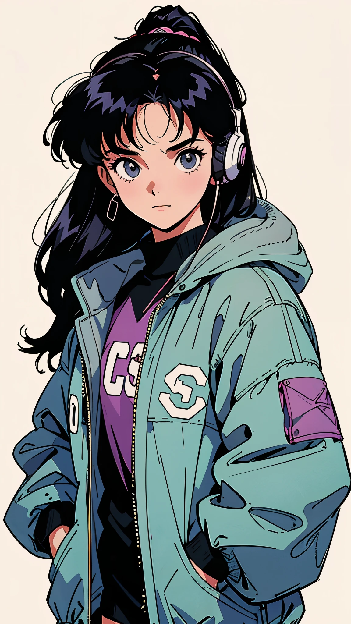 Best image quality, 90s style anime, A 20-year-old girl, whole body, Best pose, Black Hair, Long Hair, Light grey eyes, A faint smile, Wearing a loose parka, Headphones, 90s Fashion, White background