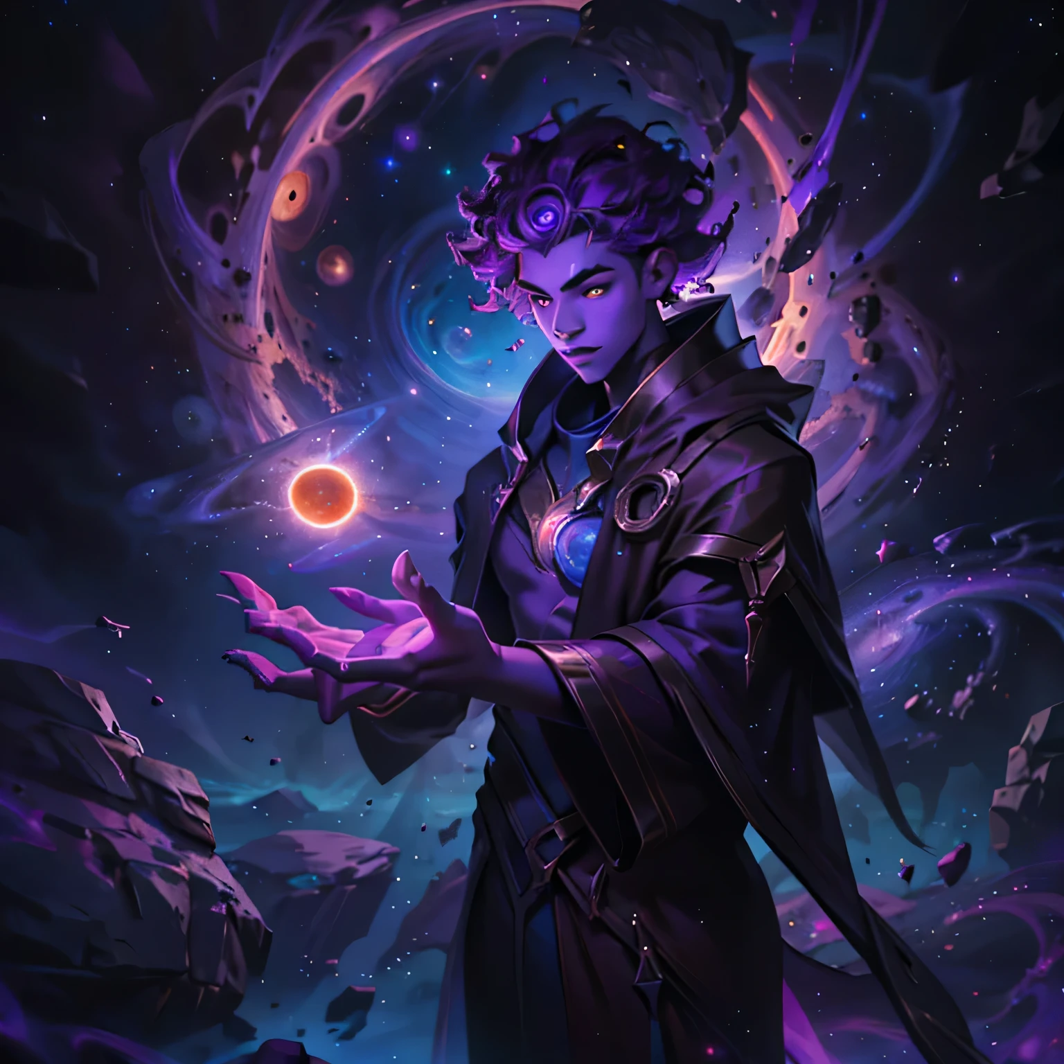 splash art of a 20 year old man, beautiful cosmic beauty cute, curly hair with stars, purple skin, thin features, black holes background, beautiful cloak with star, purple cosmic magic 4k hd