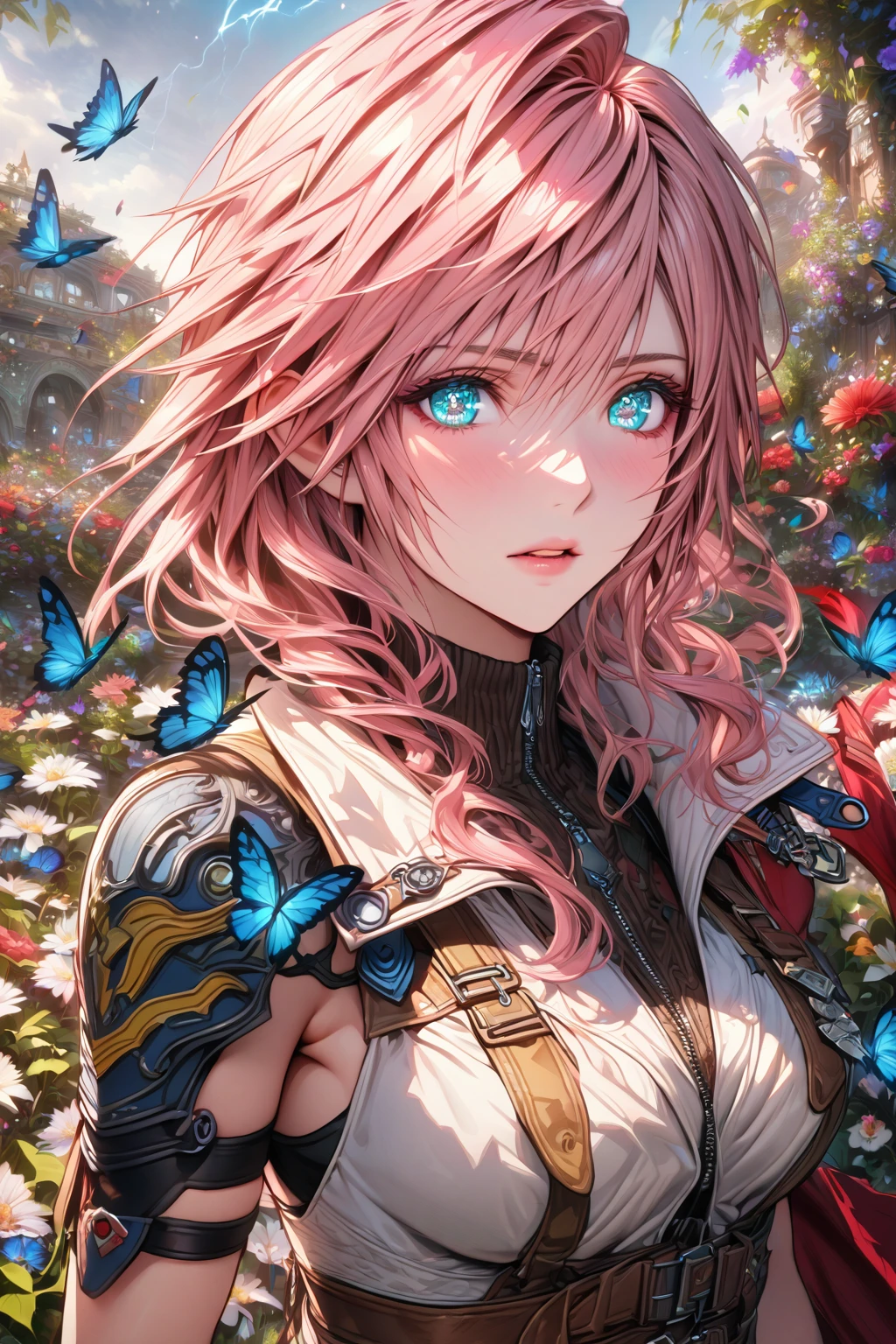 absurdres, highres, ultra detailed, HDR, master piece, Claire Farron, wavy pink hair, expressive light aqua eyes, woman, best quality, Final Fantasy XIII, solo, sensual, extremely beautiful, feathers, white clothes, detailed face, glittering eyes, detailed eyes, garden, accessories, blue butterflies, flowers, Lightning Farron, red cape, adult face