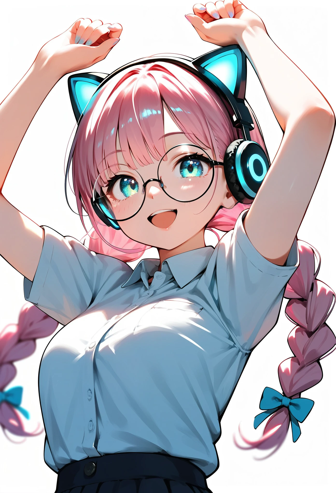  (best quality:1.2), (ultra-detailed:1.2), (2.5D:1.2), (Anime Moe Art Style), 1girl , pink hair,  Cyan eyes, gradient eyes, twin braids, blue Glowing cat ear headphones, black round glasses, collared shirt, smile beam, open mouth, white background, face focus, wide shot, arms raised in the air,  from below