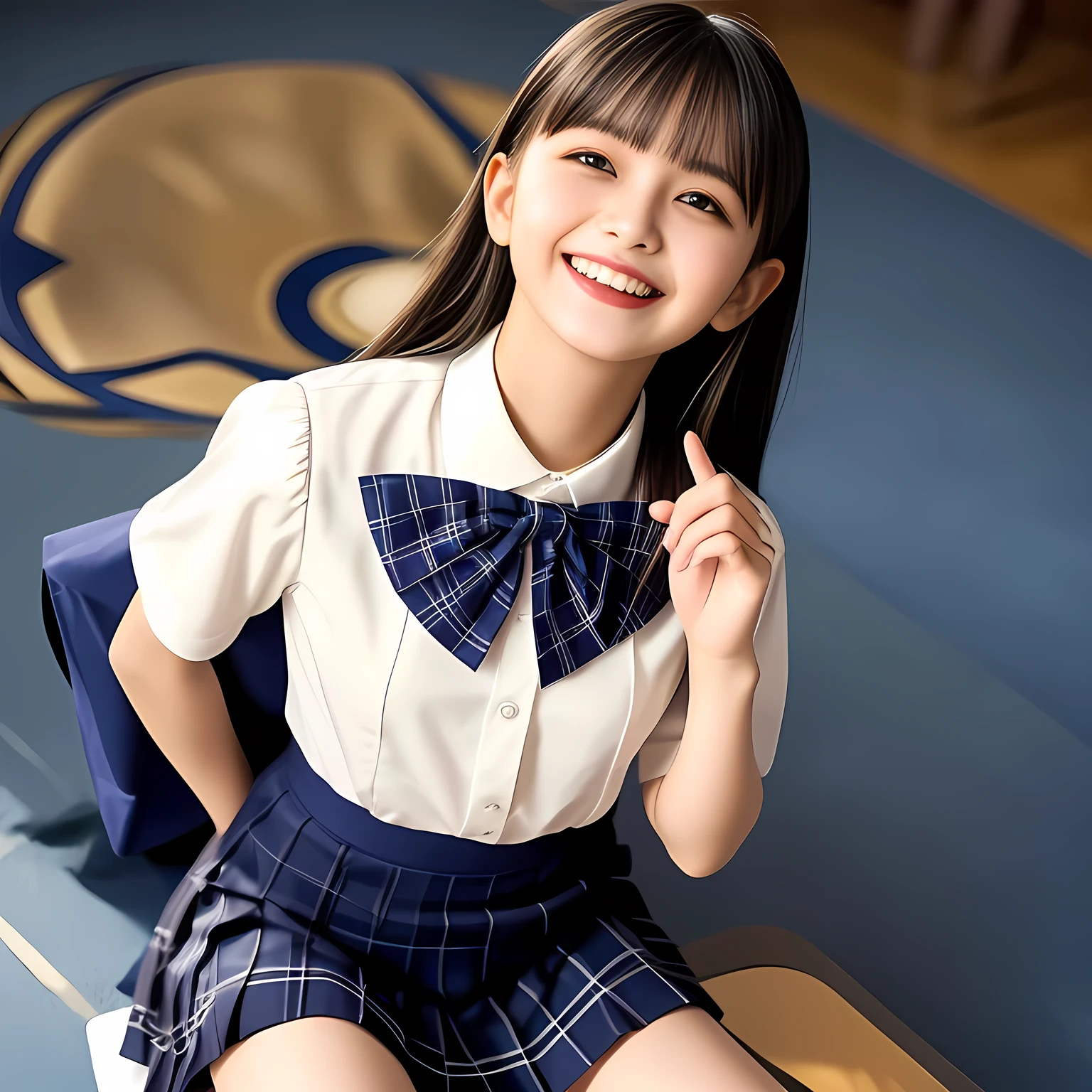 (Highest quality, masterpiece:1.2), Highest quality, High resolution, 1080P, 8k, height: 158cm, Multiple cute girls, (Noble, Japanese **** truly-girly-girl is seated on a blue flat floor and smiling directly at me in school uniform, Looking up at me deeply, Hypnotizing me with her cuteness: 1.8), looking at the viewer, well-grown breast and nice style, (well arranged, balanced, neat glossy straight very long hair), (Half-closed, Looking up to me, Very sleepy, Double-deep-eyelids, completely balanced, brown large large dreaming Japanese **** eyes with detailed beautifully: 1.6), (Glossy lips: 1.8), (high nose: 1.2), (Rich and long bottom-eye-slashes), (Drives me crazy for her navy-colored neat tartan plaid blue skirts and make me fall into her navy-colored plaid-print pleats skirt: 1.4), (Fine white-face that looks like she has never been out of home: 1.6), (Noble feminine frilled frilled clean frilled white girly blouse: 1.6), (Navy pleated plaid skirt: 1.5), (Plain-white big ribbon on the breast), (Hypnotizing shadow of blue evil-succubus background: 1.8), (Girl whom everyone loves because of her beauty and neat school fashion and noble manner and magic-charm of succubus: 1.7), full body shot, (jolly face expression), (evenly cut curled glossy rich beautiful bangs: 1.6), (bright light hitting her white-face and skirt clearly beautifully), (Very very large, dreamy, Adorable eyes, Looking deeply at me: 1.5), white-shining skin