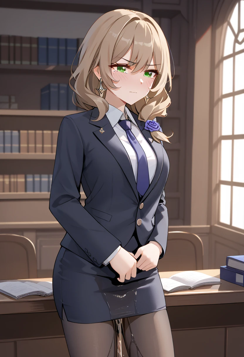 (\li sha\), 1girl, breasts, lisa \(genshin impact\), green eyes, solo, brown hair, business, suit, necktie, pencil skirt, pantyhose, earrings, long hair, bangs, hair ornament, extremely detailed eyes and face, detailed facial features, (wetting self:2.0), (facing viewer:1.5), embarrassed, humiliation, (blushing:1.5), (angry:1.5), tears, (standing:1.5), tears, (best quality,4k,8k,highres,masterpiece:1.2),ultra-detailed, portrait, cinematic lighting, dramatic contrast, full body