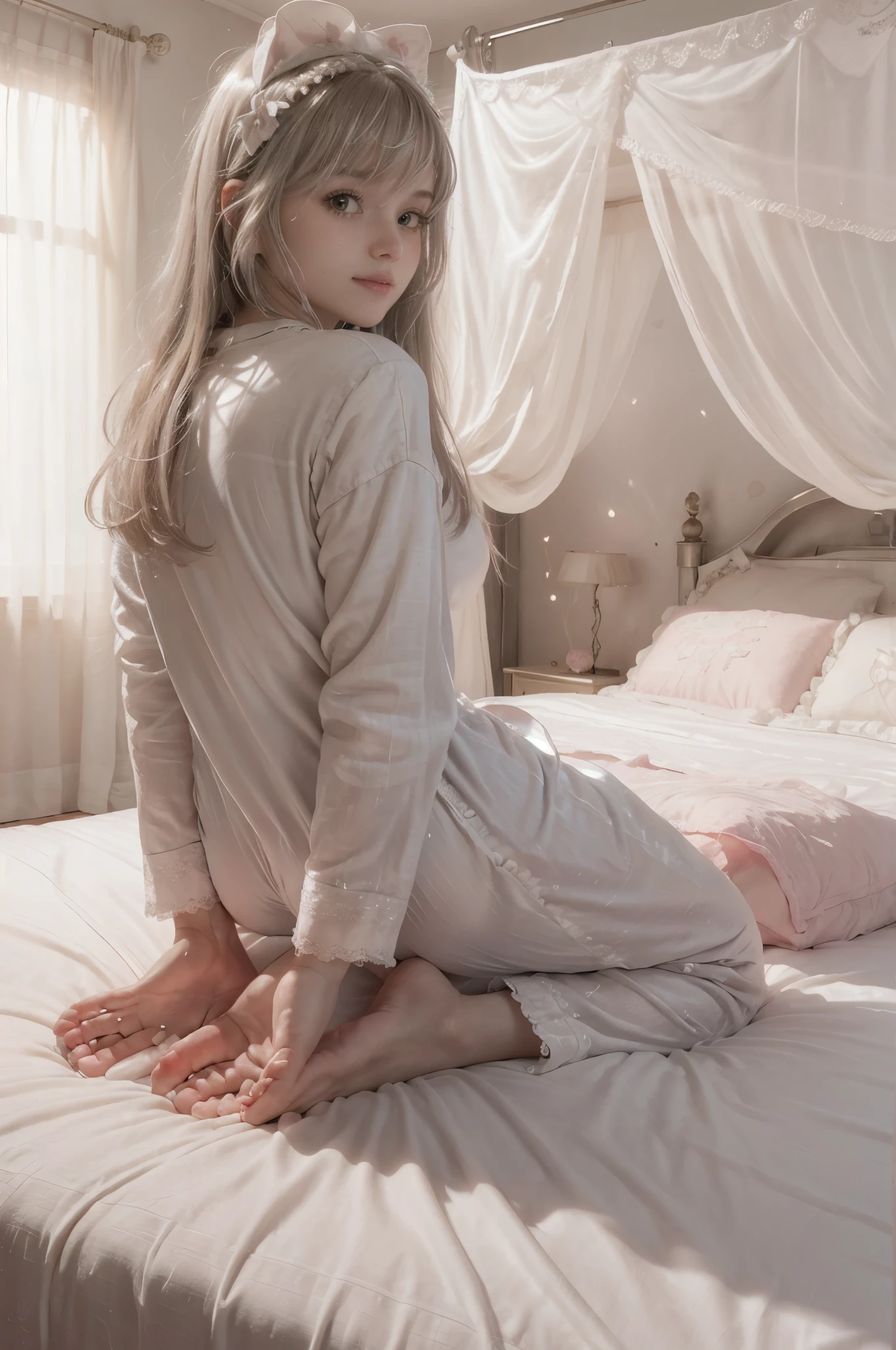 photo of mariya with long blonde hair, bang, NSFW, (petite:1.4), wearing (silver pajamas:1.3), (mastrubating:1.8), on bed in a cute girly bedroom adorned with pastel hues and playful decor. The walls are painted in soft pinks or lavender, with a delicate floral or heart-patterned wallpaper as an accent. A canopy bed with sheer, flowy curtains creates a dreamy atmosphere. Plush stuffed animals and fluffy throw pillows in various shades of pink adorn the bed,
realistic, photorealistic,
High quality, RAW photograph, detailed background, intricate, highly detailed, sharp focus, high resolution, 8k, uhd, dslr, realistic eyes, perfect eyes,