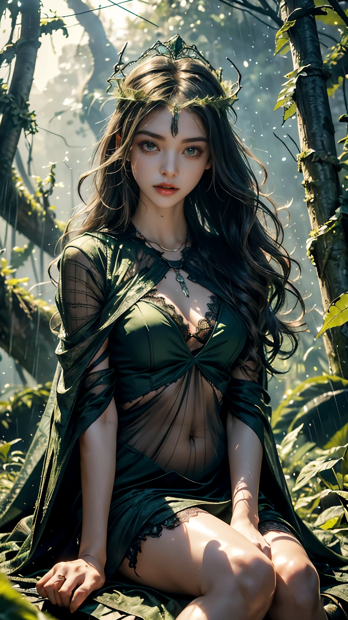 expression of anguish, blushing, legs spread wide, (best quality,4K,8K,highres,masterpiece:1.2),ultra-detailed,(realistic,photorealistic,photo-realistic:1.37),beautiful detailed eyes,beautiful detailed lips,extremely detailed eyes and face,longeyelashes,oil painting,surreal,dark fantasy,dramatic lighting,moody atmosphere,vibrant colors,chiaroscuro Lace pants, gold-colored negligee with thick vines entwined all over the body, underwater, with a seductive smile