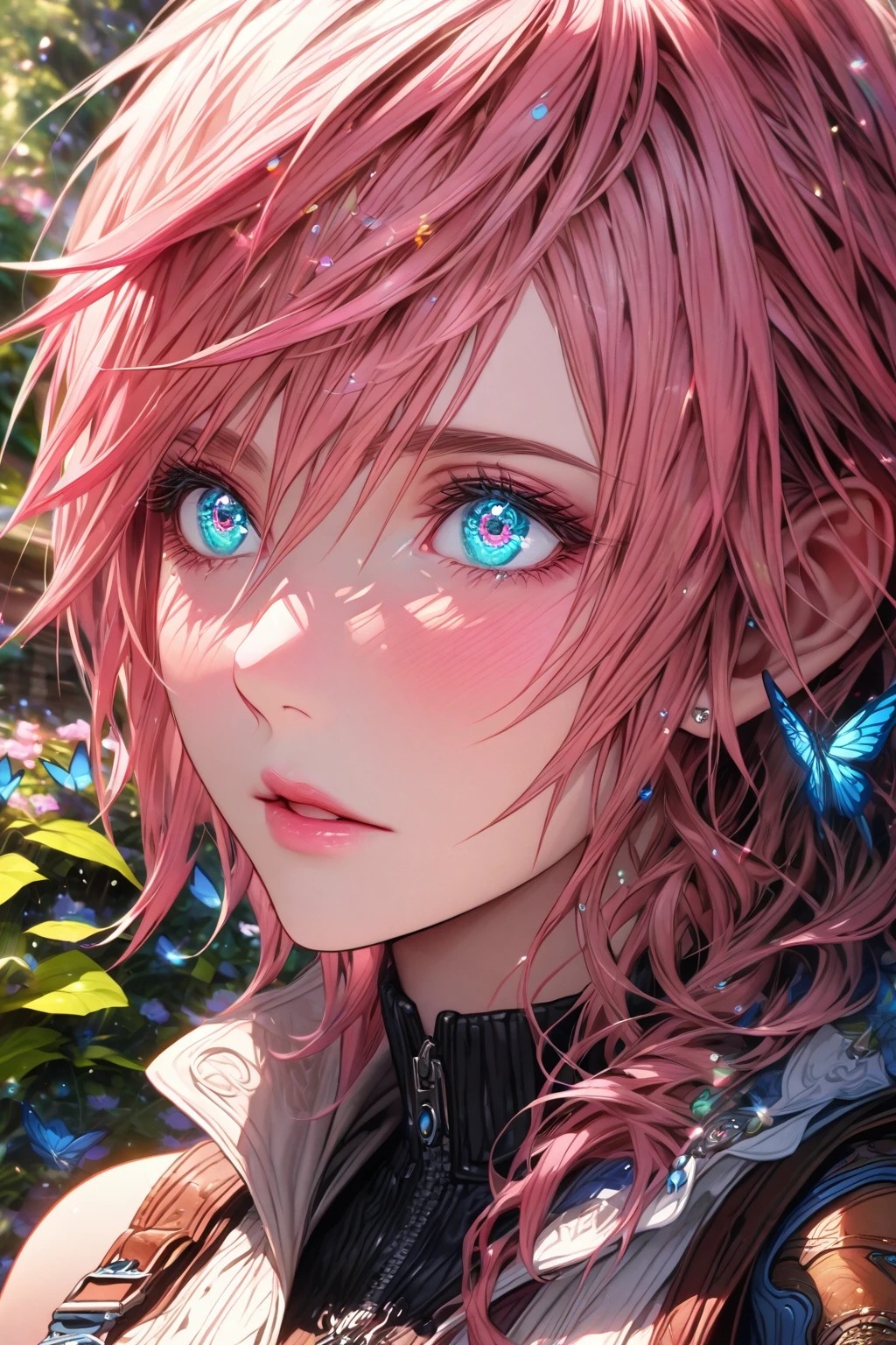 absurdres, highres, ultra detailed, HDR, master piece, Claire Farron, wavy pink hair, expressive light aqua eyes, woman, best quality, Final Fantasy XIII, solo, sensual, extremely beautiful, feathers, white clothes, detailed face, glittering eyes, detailed eyes, garden, accessories, blue butterflies, flowers, Lightning Farron, red cape, adult face