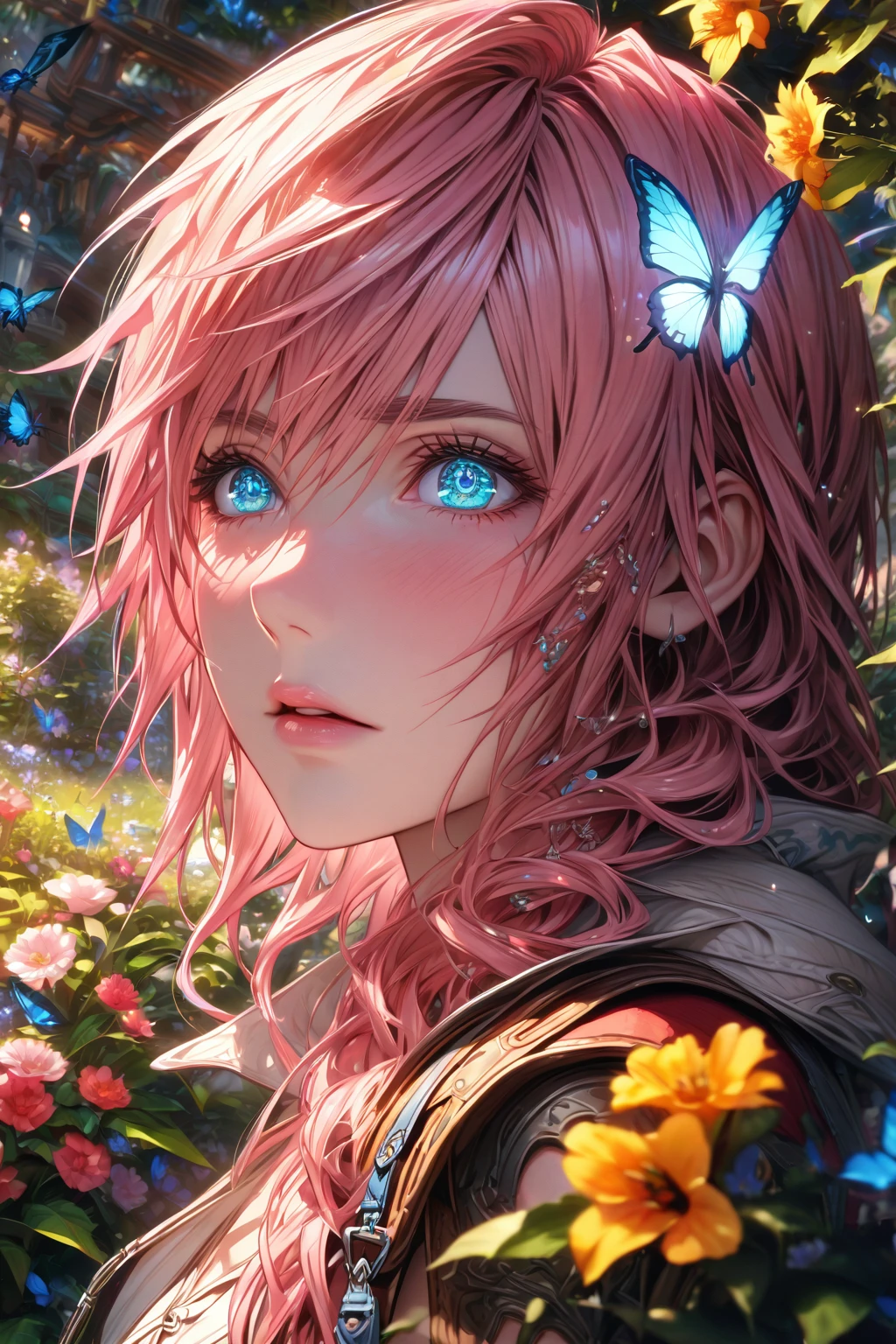 absurdres, highres, ultra detailed, HDR, master piece, Claire Farron, wavy pink hair, expressive light aqua eyes, woman, best quality, Final Fantasy XIII, solo, sensual, extremely beautiful, feathers, white clothes, detailed face, glittering eyes, detailed eyes, garden, accessories, blue butterflies, flowers, Lightning Farron, red cape, adult face