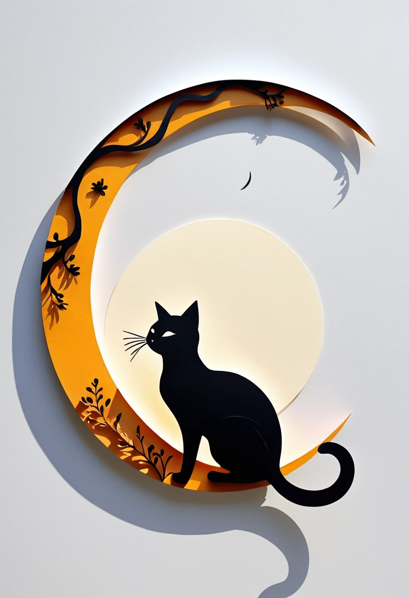 fusion of paper cutting and shadow puppetry, best quality, super fine, 16k, incredibly absurdres, extremely detailed, delicate and dynamic, monochrome, stained glass, girl with cat, smile sun, smile moon, backlighting, special image effects, symbolist artwork