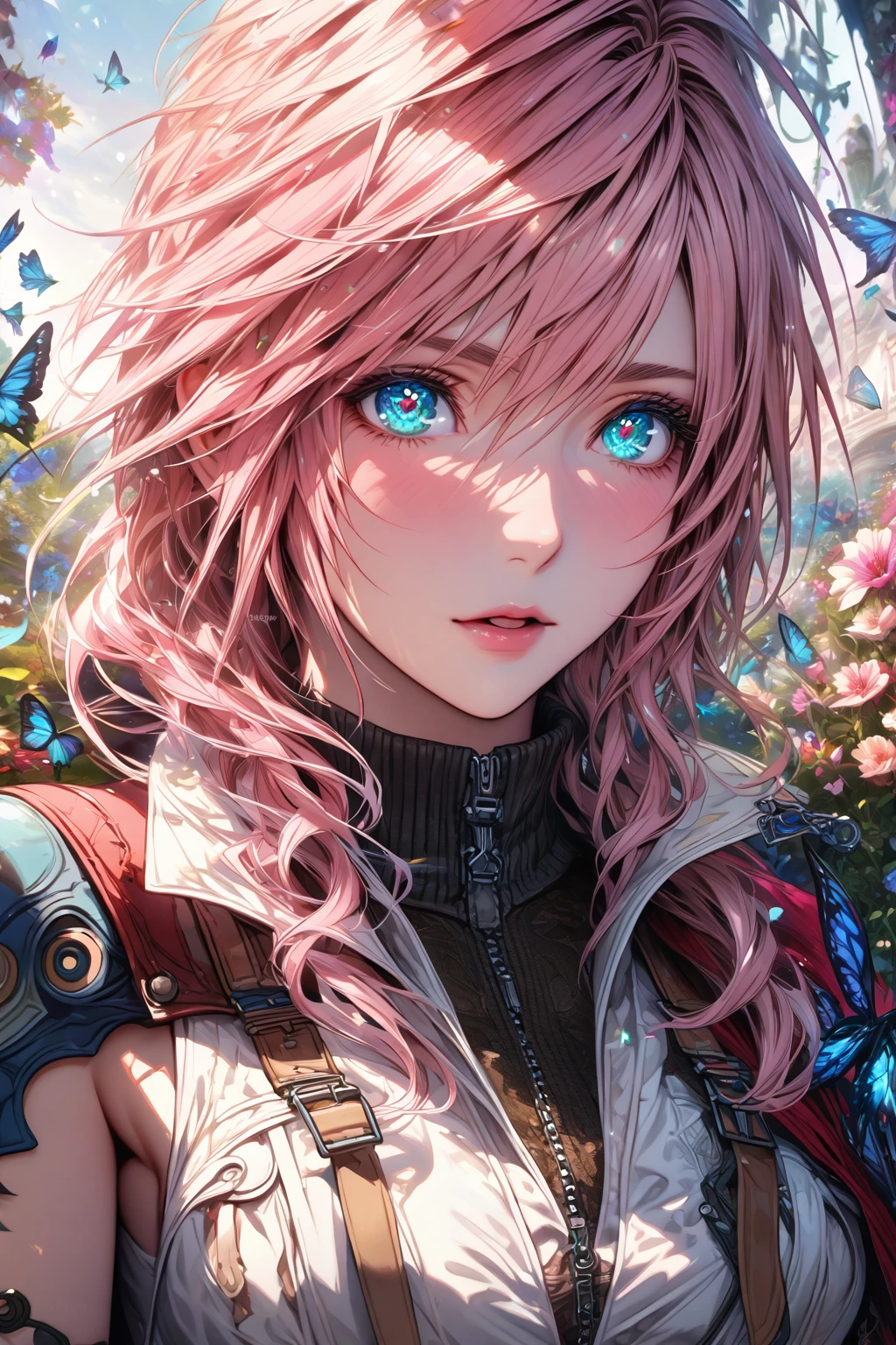 absurdres, highres, ultra detailed, HDR, master piece, Claire Farron, wavy pink hair, expressive light aqua eyes, woman, best quality, Final Fantasy XIII, solo, sensual, extremely beautiful, feathers, white clothes, detailed face, glittering eyes, detailed eyes, garden, accessories, blue butterflies, flowers, Lightning Farron, red cape, adult face