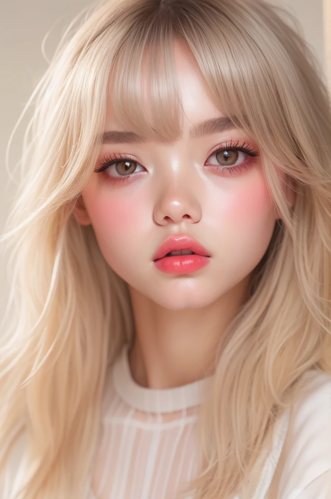 (detailed), studio lighting, hyper detailed, realistic portrait, Perfect Face.1  girl, 、Brown eyes with well-defined double eyelids and long eyelashes, white girly dressroom backdrop, realistic face, detailed skin, Blonde long bob hair with pink ends 、bangs covering forehead, extremely detailed lips, large mouth, full, plump, glossy light pink lips, natural-looking makeup, transparent lip gloss, with girly style tops, photorealistic, ((Best Quality)), ((masterpiece)), high quality, 8k, masterpiece