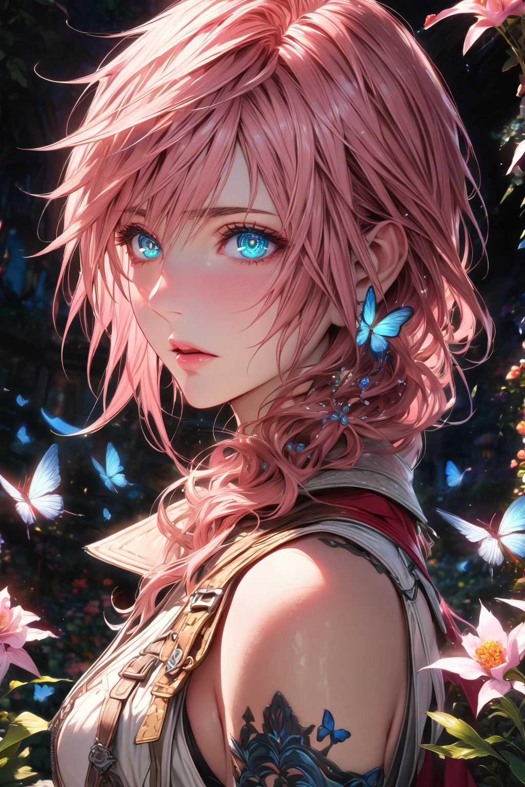 absurdres, highres, ultra detailed, HDR, master piece, Claire Farron, wavy pink hair, expressive light aqua eyes, woman, best quality, Final Fantasy XIII, solo, sensual, extremely beautiful, feathers, white clothes, detailed face, glittering eyes, detailed eyes, garden, accessories, blue butterflies, flowers, Lightning Farron, red cape, adult face