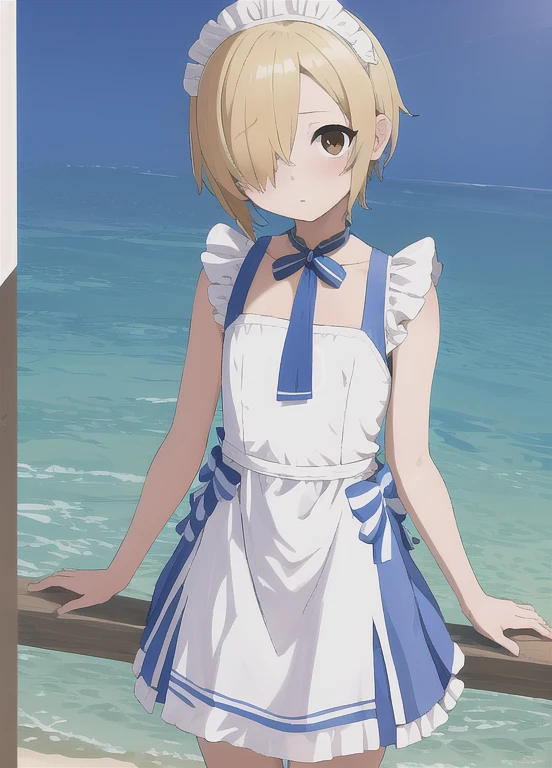 masterpiece, Best Quality, Super detailed, Illustration, One girl, Alone, Staring at the viewer, Outdoor, Beach, blue sky,  striped bow, White Dress, mini skirt, Thighs,  Shirasaka Koume, Blonde, hair over one eye, short hair, Brown eyes, Flat Chest,Maid uniform,Apron dress,Hiding one eye