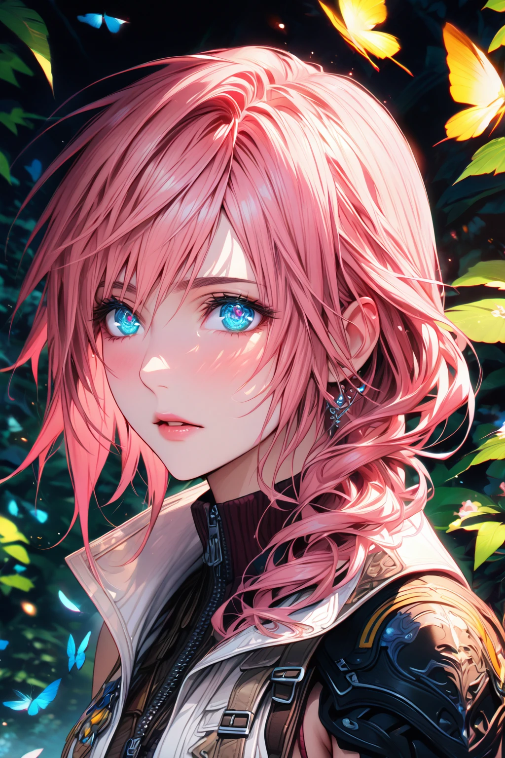 absurdres, highres, ultra detailed, HDR, master piece, Claire Farron, wavy pink hair, expressive light aqua eyes, woman, best quality, Final Fantasy XIII, solo, sensual, extremely beautiful, feathers, white clothes, detailed face, glittering eyes, detailed eyes, garden, accessories, blue butterflies, flowers, Lightning Farron, red cape, adult face