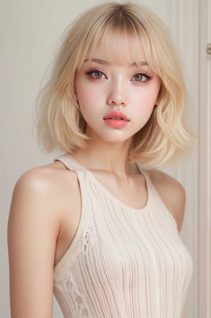 (detailed), studio lighting, hyper detailed, realistic portrait, Perfect Face.1 teenage girl, 、Brown eyes with well-defined double eyelids and long eyelashes, white girly dressroom backdrop, realistic face, detailed skin, Blonde long bob hair with pink ends 、bangs covering forehead, extremely detailed lips, large mouth, full, plump, glossy light pink lips, natural-looking makeup, transparent lip gloss, with girly style tops, photorealistic, ((Best Quality)), ((masterpiece)), high quality, 8k, masterpiece