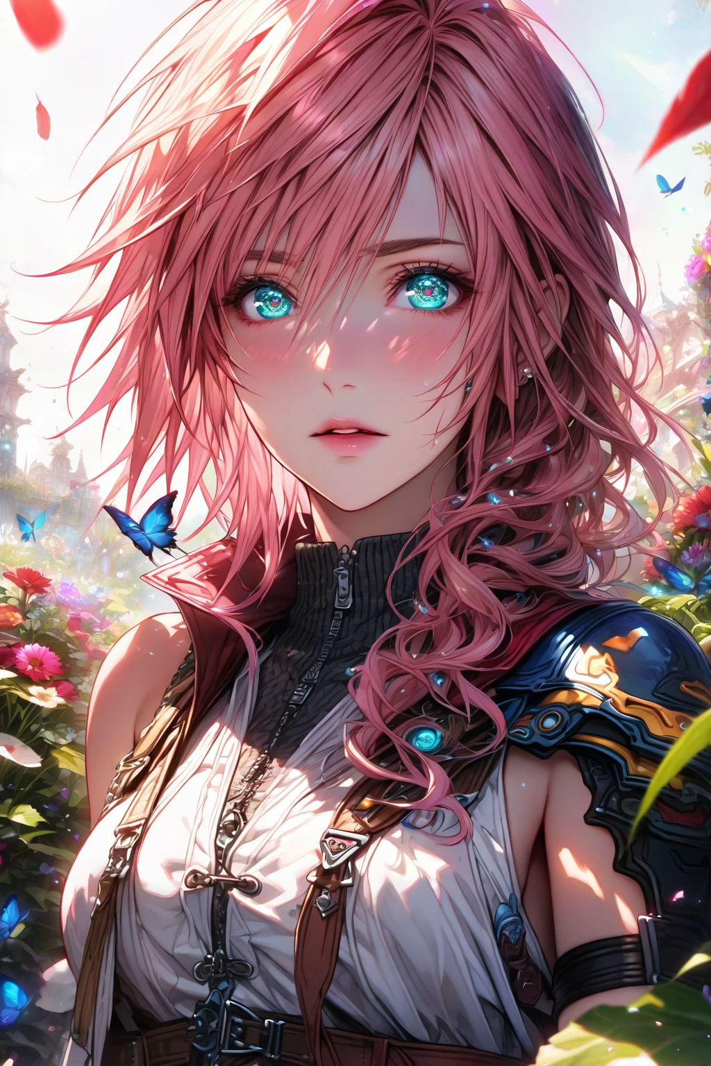 absurdres, highres, ultra detailed, HDR, master piece, Claire Farron, wavy pink hair, expressive light aqua eyes, woman, best quality, Final Fantasy XIII, solo, sensual, extremely beautiful, feathers, white clothes, detailed face, glittering eyes, detailed eyes, garden, accessories, blue butterflies, flowers, Lightning Farron, red cape, adult face