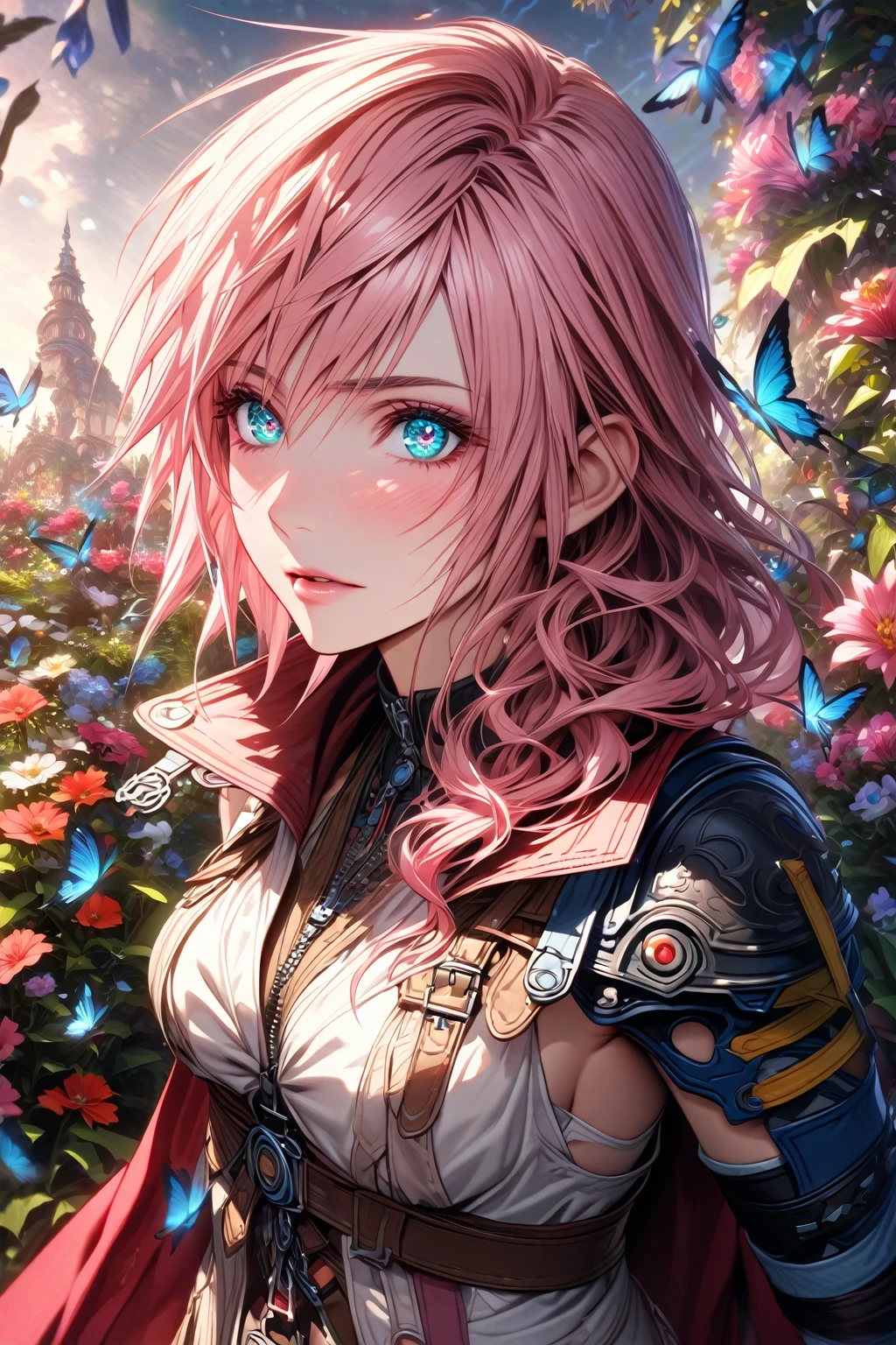 absurdres, highres, ultra detailed, HDR, master piece, Claire Farron, wavy pink hair, expressive light aqua eyes, woman, best quality, Final Fantasy XIII, solo, sensual, extremely beautiful, feathers, white clothes, detailed face, glittering eyes, detailed eyes, garden, accessories, blue butterflies, flowers, Lightning Farron, red cape, adult face