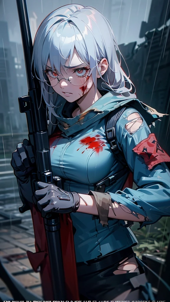 Silver Haired Girl,((Large Breasts:0.7)),Red glasses,prone position,Looking through a sniper scope,Sighting gun,Tactical Boots,Futuristic gun,Rainy environment,High image quality,8k,Super detailed,Surreal,masterpiece,Cinematic Lighting,Dramatic lighting,Dramatic Pose,Highly detailed facial features,Very realistic,Realistic,((Heavy Rain)).Beautiful detailed eyes,Beautiful detailed lips,Highly detailed eyes and face,Long eyelashes,1 girl,Concept Art,Digital Art、Shiny Futuristic gun、((Blood stains:1.2))A vivid depiction of the human body、Sexy sailor-style combat uniform、((Heavily torn clothing:1.5)) The hall in the center of the poster々Standing, Wear stylish and edgy clothing,Sad expression. The background is dark、rough., There is danger and tension. The text is bold and eye-catching, A catchy tagline that creates a dramatic and exciting atmosphere. The color palette is mostly dark.、Bright colors are scattered throughout。, Give your poster a dynamic and visually striking look,Character Portrait((Symposium cover))