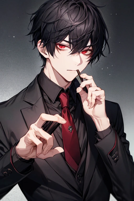 a psychopathic boy with a mullet haircut, wearing a suit, holding a bloody knife, slightly covered in blood, black hair with purple tips, red eyes, exhaling cigarette smoke, sensual, torso, hyperrealistic, dark art, cinematic lighting, moody atmosphere, dramatic shadows, high contrast, muted colors, horror, sinister, evil