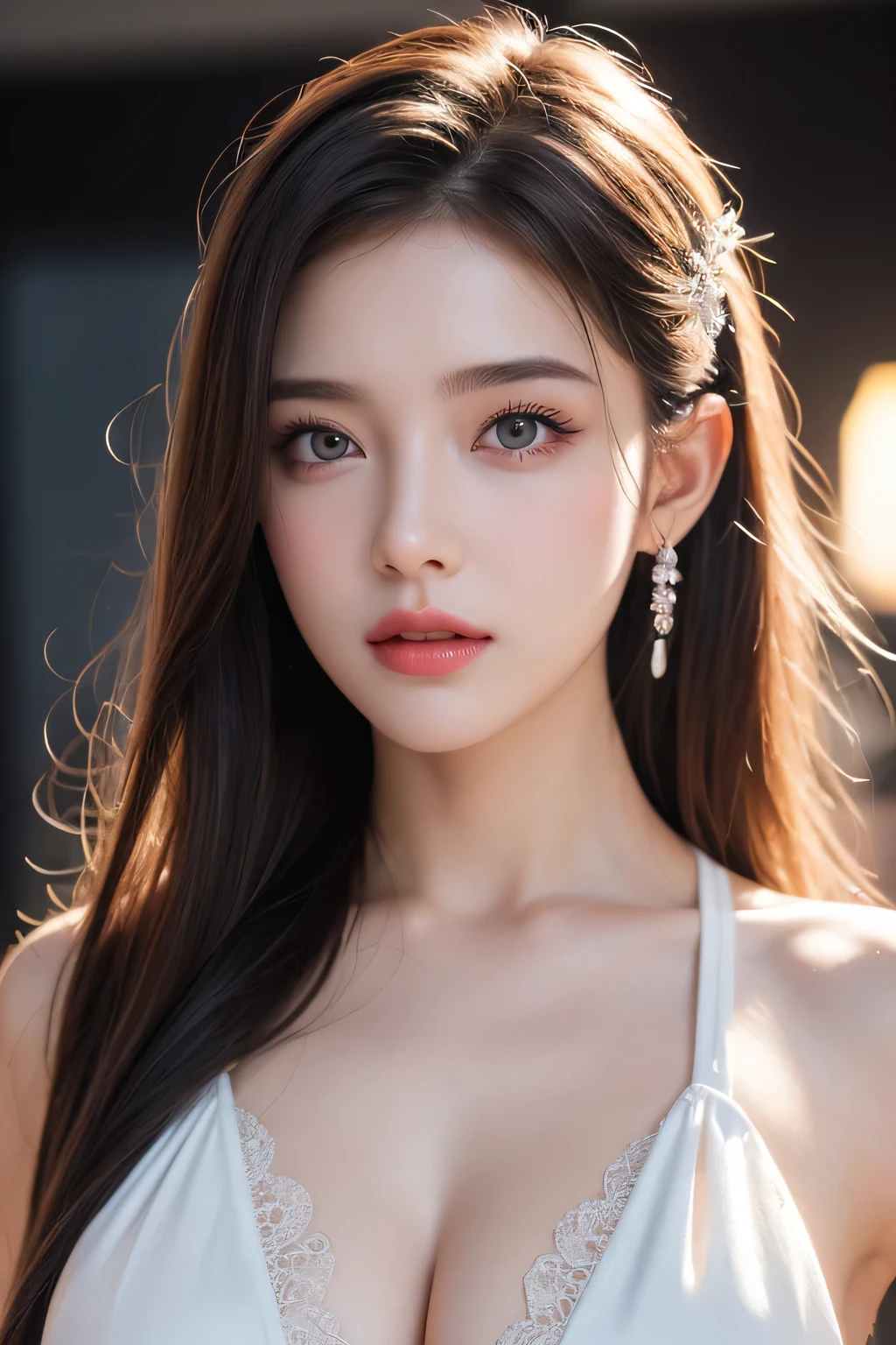 High-quality work,Realistic works,Super premium graphics,8K HD CG works,high quality graphics,High-definition and exquisite CG works,10x pixels,Ultra-fine details:1.1,Advanced technical details:1.1Realistic photo effects,Interior lighting effects:1.5,natural soft light:1.5. Light effect(Virtual light effects:1.8),ultra high resolution,shining dress,sliver long hair,silber hair,transparenthair,high detailed hair(Quality hair details:1.1)Clear eyes,Double eyelids look good,Sharp eye makeup, Create exquisite eyelash makeup, tthin eyebrows, Ultra-detailed eyes,a tall nose, lovely red lips, rosey cheeks, With delicate makeup on her face , pretty face, The face shape is perfectly proportioned,(Advanced facial details:1.1)1 Beautiful girl in beautiful Hanfu, (White lace underwear),(At the bedside,The face is charming),(White silk pantyhose,Lace),There are many yellow patterns, Long hair brown (huge tit,cleavage),beautiful hair ornaments, Nice face Cute face, Perfect face, Earring jewelry, Antique jewelry, large black eyes, Sharp eye makeup, Detailed eyelash makeup, Thin eyebrows, High nose, Nice red lips, no smile, pursed lips, rosycheeks, Large bust, Large bust, well-proportioned bust, Slim waist, Red mesh stockings,black border , chinese hanfu style, Fictional art patterns, vivid and real colors, RAW photo, Real photos are realistic, ultra high quality 8k surreal photos, Cool photos, (Virtual light effects: 1.4), 10x pixel, Magic effects (Home background,Bedrooms): 1.4), (hyper detail eyes: 1.4), (Eyelids): Eyes): Red: 1.4), (black eye pupil: 1.8)Beautiful girl portrait, lone girl, ancient hanfu background, head straight-looking at viewer, Wide original image, 8K quality, Super sharp , Most detailed、The sharpest image, Detailed bright background,,Women's artwork,Dress full body video,Realism,Amazing Cleavage,My eyes are very bright today