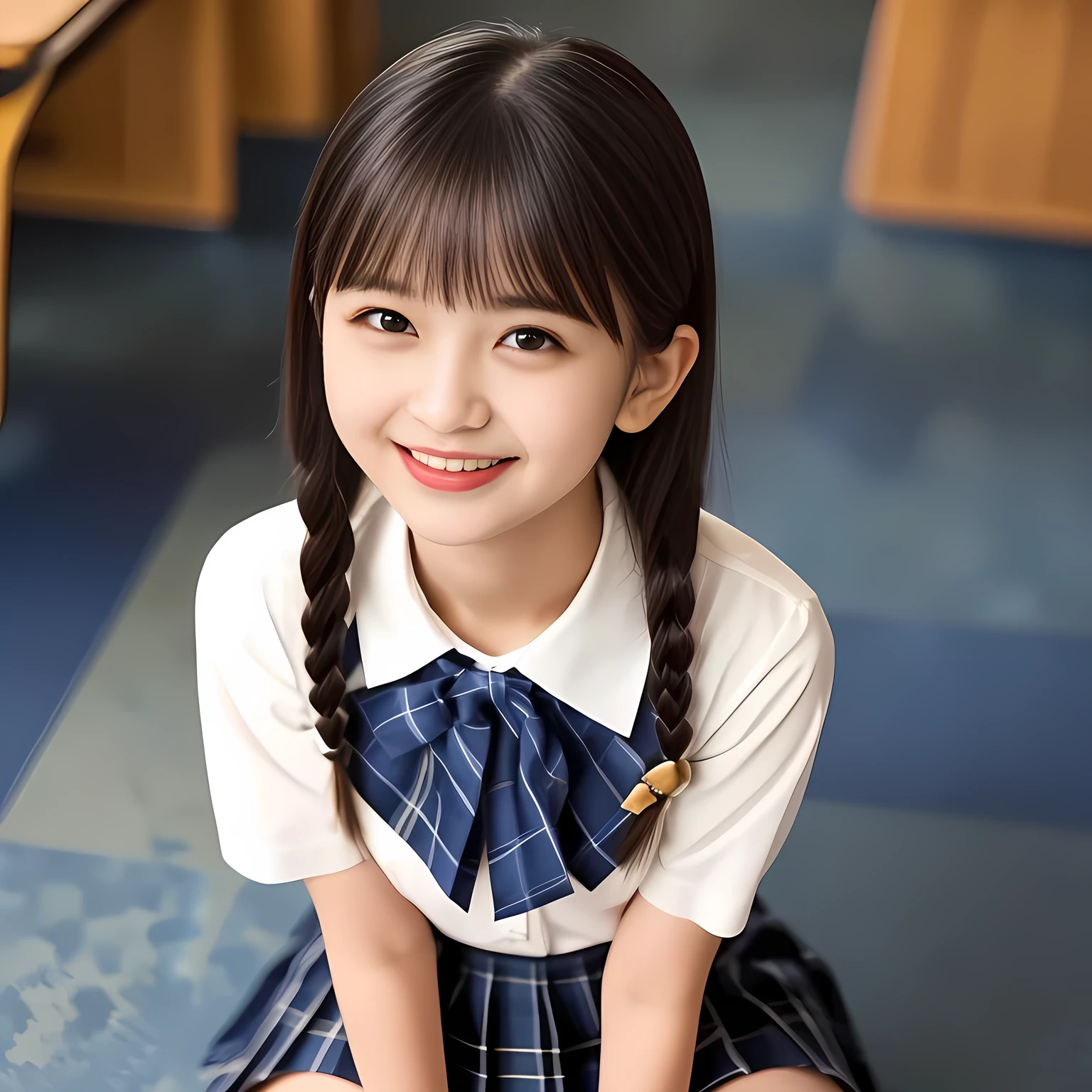 (Highest quality, masterpiece:1.2), Highest quality, High resolution, 1080P, 8k, height: 158cm, Multiple cute girls, (Noble, Japanese **** truly-girly-girl is seated on a blue flat floor and smiling directly at me in school uniform, Looking up at me deeply, Hypnotizing me with her cuteness: 1.8), looking at the viewer, well-grown breast and nice style, (well arranged, balanced, neat glossy straight very long hair), (Half-closed, Looking up to me, Very sleepy, Double-deep-eyelids, completely balanced, brown large large dreaming Japanese **** eyes with detailed beautifully: 1.6), (Glossy lips: 1.8), (high nose: 1.2), (Rich and long bottom-eye-slashes), (Drives me crazy for her navy-colored neat tartan plaid blue skirts and make me fall into her navy-colored plaid-print pleats skirt: 1.4), (Fine white-face that looks like she has never been out of home: 1.6), (Noble feminine frilled frilled clean frilled white girly blouse: 1.6), (Navy pleated plaid skirt: 1.5), (Plain-white big ribbon on the breast), (Hypnotizing shadow of blue evil-succubus background: 1.8), (Girl whom everyone loves because of her beauty and neat school fashion and noble manner and magic-charm of succubus: 1.7), full body shot, (jolly face expression), (evenly cut curled glossy rich beautiful bangs: 1.6), (bright light hitting her white-face and skirt clearly beautifully), (Very very large, dreamy, Adorable eyes, Looking deeply at me: 1.5), white-shining skin, Arrange your hair with both hands