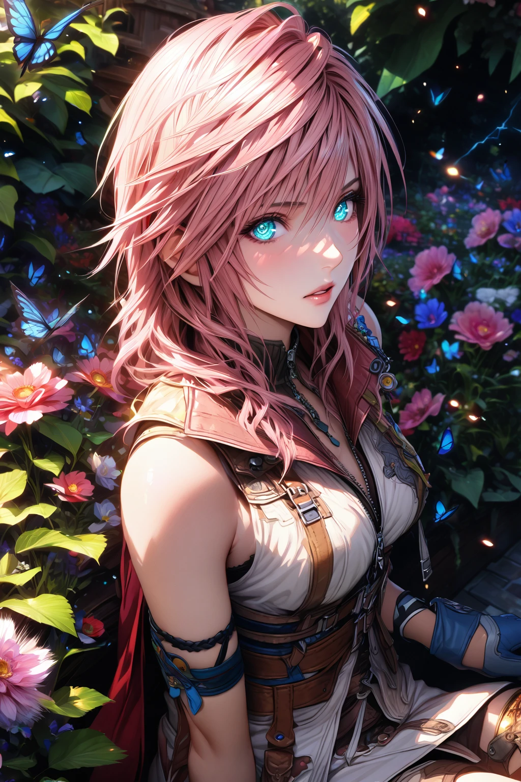 absurdres, highres, ultra detailed, HDR, master piece, Claire Farron, wavy pink hair, expressive light aqua eyes, woman sitting, best quality, Final Fantasy XIII, solo, sensual, extremely beautiful, feathers, white clothes, detailed face, glittering eyes, detailed eyes, garden, accessories, blue butterflies, flowers, Lightning Farron, red cape, adult face, blue gloves