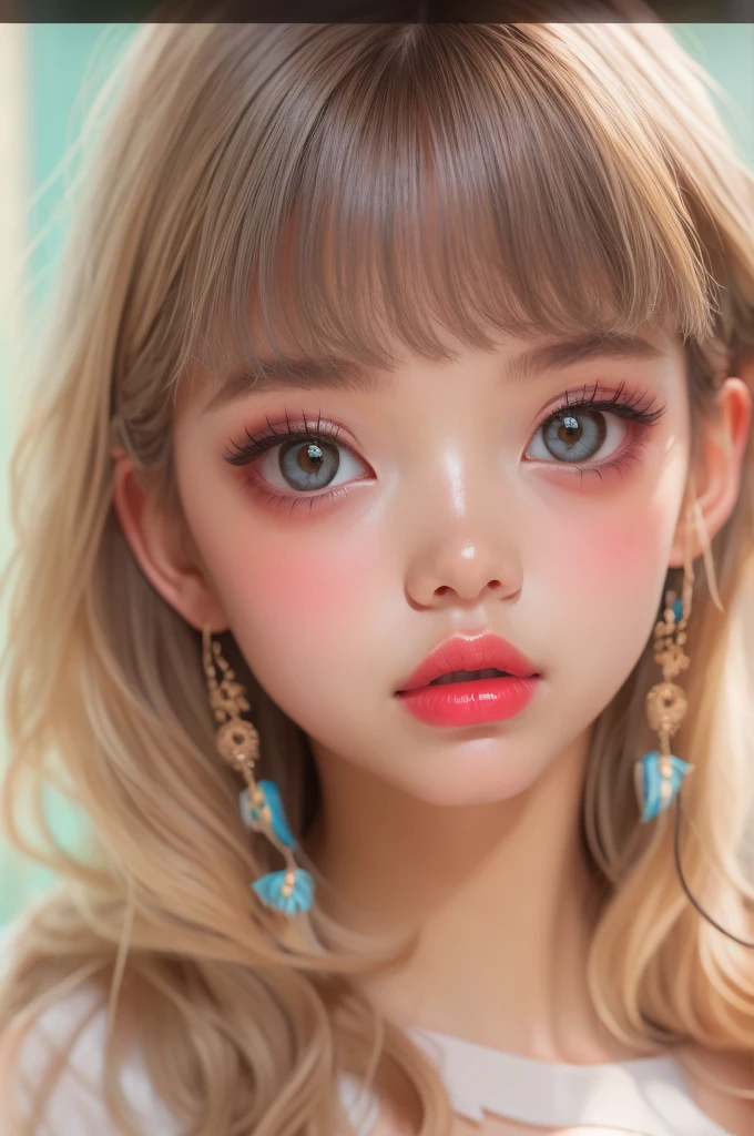 (detailed), studio lighting, hyper detailed, realistic portrait, Perfect Face.1 teenage girl, 、Brown eyes with well-defined double eyelids and long eyelashes, blue girly dressroom backdrop, realistic face, detailed skin, Blonde long bob hair with pink ends 、bangs covering forehead, extremely detailed lips, large mouth, full, plump, glossy light pink lips, natural-looking makeup, transparent lip gloss, with girly style tops, photorealistic, ((Best Quality)), ((masterpiece)), high quality, 8k, masterpiece