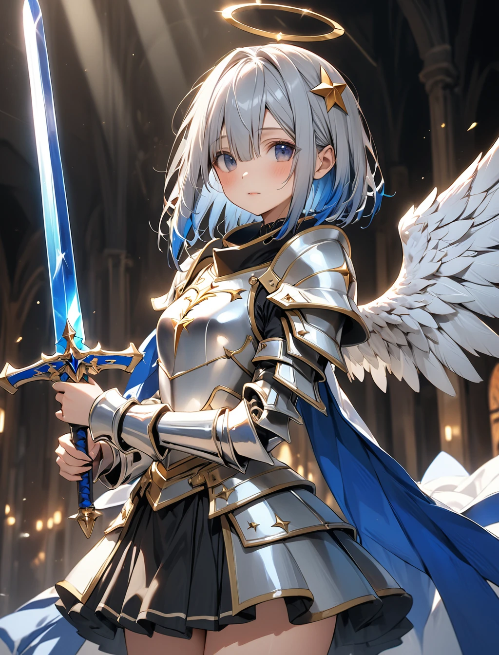 (1girl, (Amane Kanata:1.6), gradient hair, grey hair, blue hair, flat chest, Star Halo, star shaped angel ring, angel, (wing on back:1.4), (hololive)), (Masterpiece: 1.3), best quality, (Maximum Resolution: 1.2), ultra-detailed, cinematic, details, vibrant colors, dramatic lighting, Perfect Beautiful Face, Perfect Beautiful Proportioned Body, (Detailed Eyes and Skin), (Detailed Facial Features), Accurate and Anatomically Correct Face and Body Balance,(Holy Knight girl:1.3), (Holy Knight's Shiny Silver Armor:1.6), Cool and stylish, (Shiny metal expression:1.2), (Specular Reflection Coating:1.2), Attractive female knight, Alone, (Holding a holy long sword in hand:1.5), (shining sword), Knight Commander of the Royal Guard, Strong and fleeting eyes, Functional, Divine Protection, mysterious, (full body:1.5), (fighting pose),