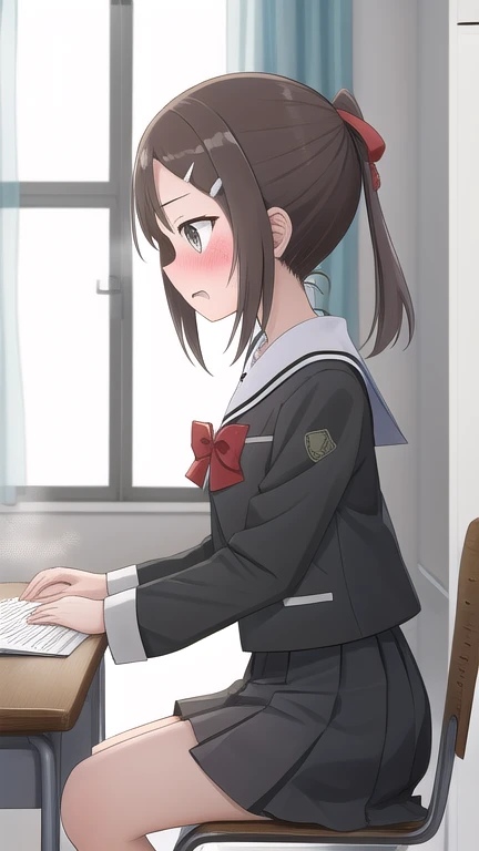 1girl, solo,brown hair, hair ornament,twintails,grey eyes,school uniform, hair ribbon, hairclip, bowtie,hair red bow,sailor dress, pleated dress,
BREAK (embarrassed, blush:1.3), (clenching jaw:1.1), steam,
BREAK sitting chair, 
BREAK  classroom, desk,
BREAK from side,
BREAK looking away,
BREAK (illustration:1.2),
BREAK (masterpiece, best quality, ultra detailed, professional quality), HD, rich contrast