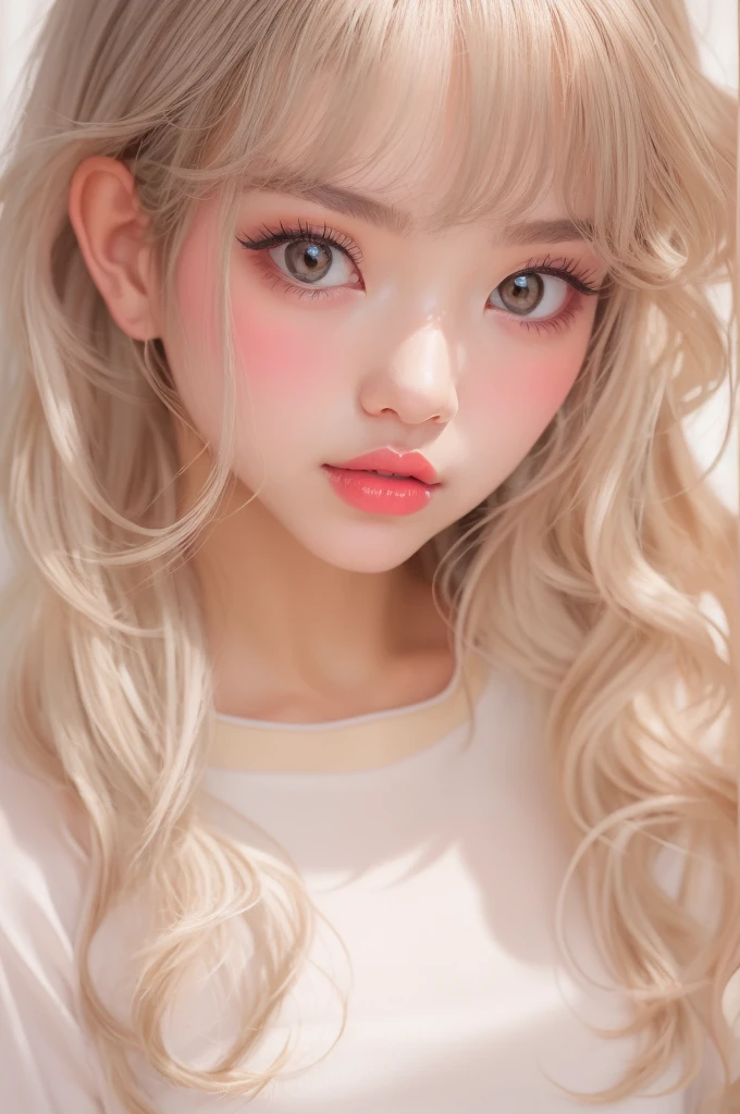 (detailed), studio lighting, hyper detailed, realistic portrait, Perfect Face.1  girl, 、Brown eyes with well-defined double eyelids and long eyelashes, white girly dressroom backdrop, realistic face, detailed skin, Blonde long bob hair with pink ends 、bangs covering forehead, extremely detailed lips, large mouth, full, plump, glossy light pink lips, natural-looking makeup, transparent lip gloss, with girly style tops, photorealistic, ((Best Quality)), ((masterpiece)), high quality, 8k, masterpiece